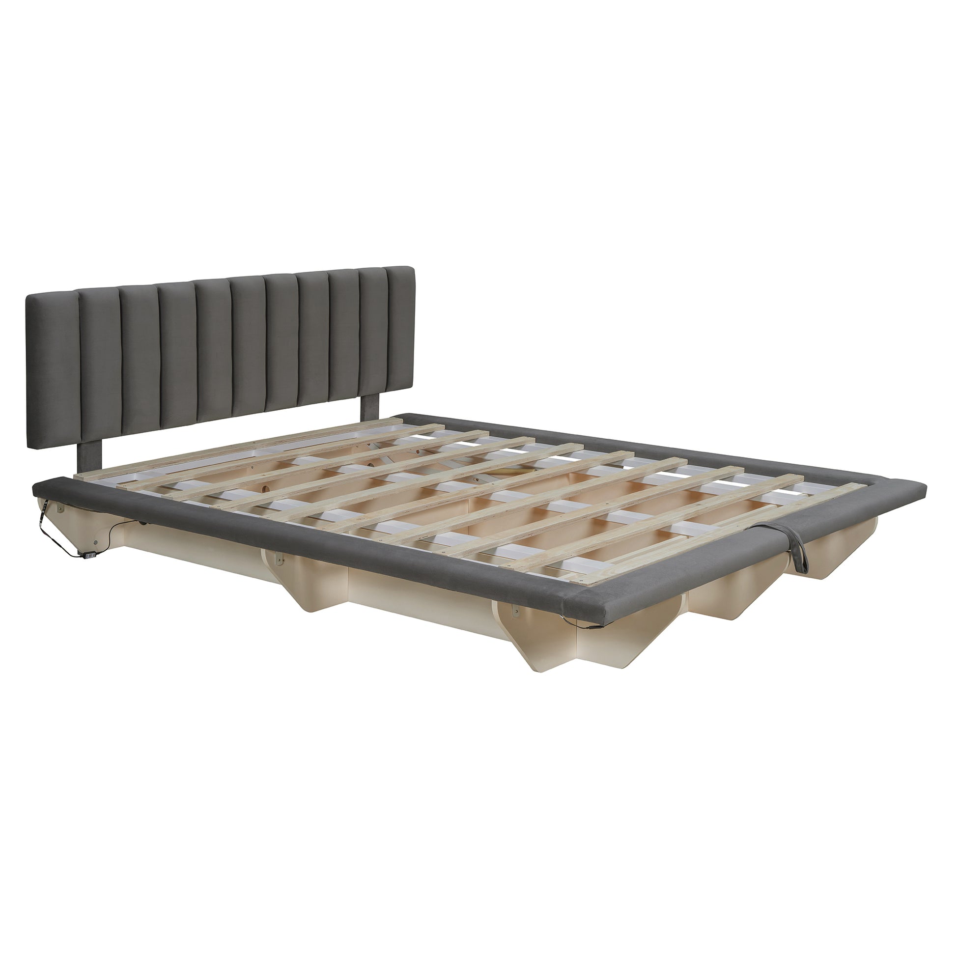 Queen Size Upholstered Floating Bed With Led Light And Usb Port, Velvet, Gray, Hydrualic Platform Bed Queen Gray Velvet