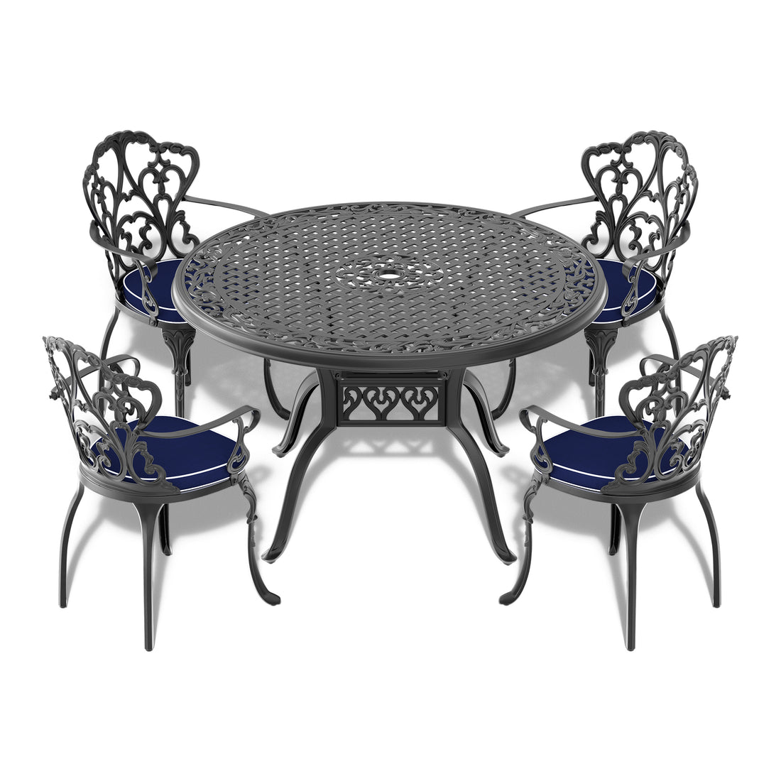 Cushions In Random Colors 5 Piece Set Of Cast Aluminum Patio Furniture With Cushions Yes Dining Set Black Seats 4 Rust Resistant Frame Water Resistant Cushion Garden & Outdoor Complete Patio Sets Aluminium