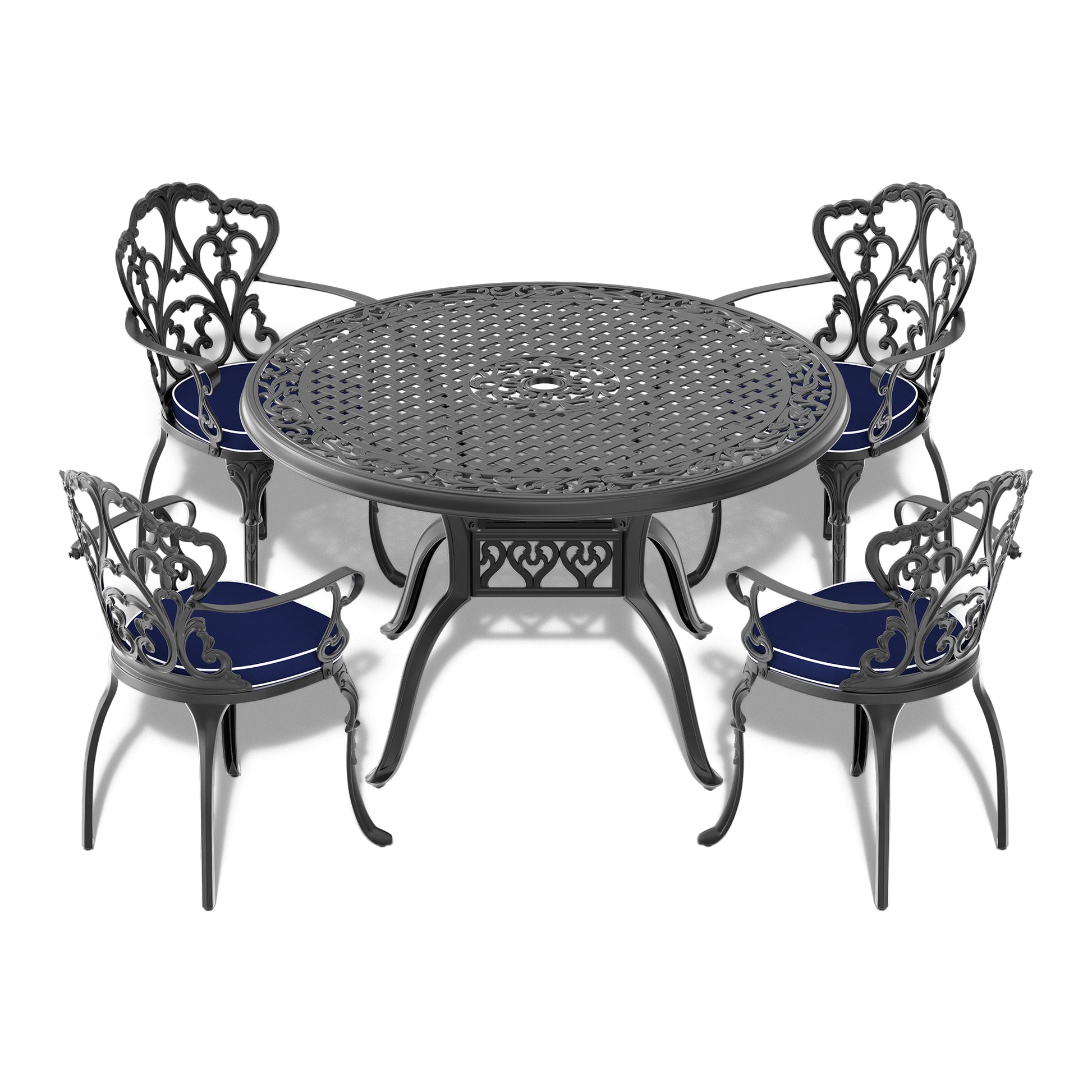 Cushions In Random Colors 5 Piece Set Of Cast Aluminum Patio Furniture With Cushions Yes Dining Set Black Seats 4 Rust Resistant Frame Water Resistant Cushion Garden & Outdoor Complete Patio Sets Aluminium