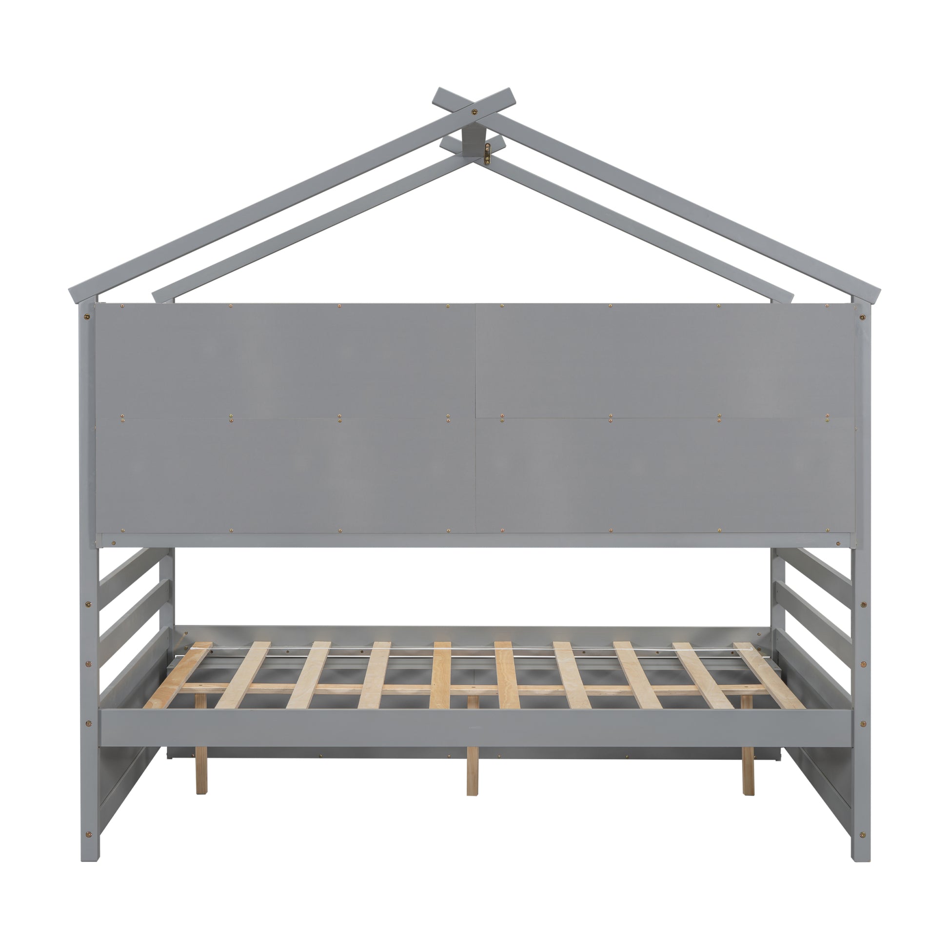 Full House Bed With Roof Frame, Bedside Shelves, Under Bed Storage Unit,Grey Full Grey American Design Pine