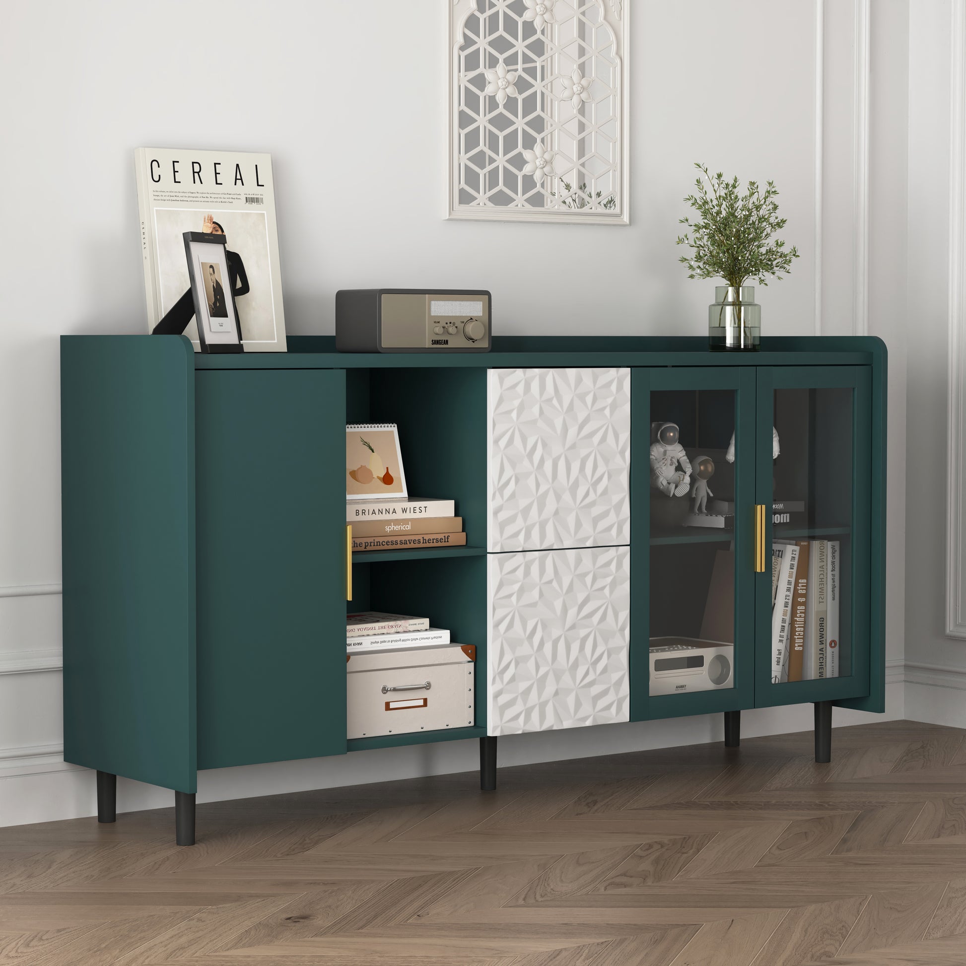 Modern Kitchen Pantry Storage Cabinet55" Coffee Bar Storage Cabinet With 2 Drawers, 2 Open Storage Compartment & 2 Glass Doors, Wood Buffet Table For Kitchen, Living Room, Green Green Mdf