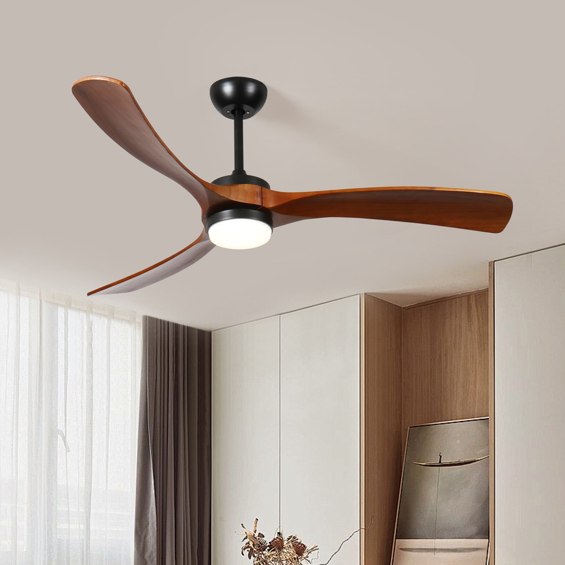 60 Inch 3 Blade Solid Wood Ceiling Fan Light Walnut American Design Solid Wood