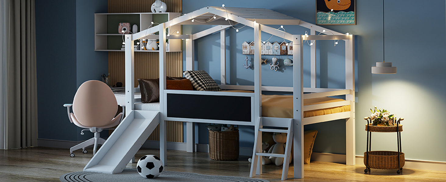 Twin Size Loft Bed With Ladder And Slide, House Bed With Blackboard And Light Strip On The Roof, White Twin White Solid Wood Mdf