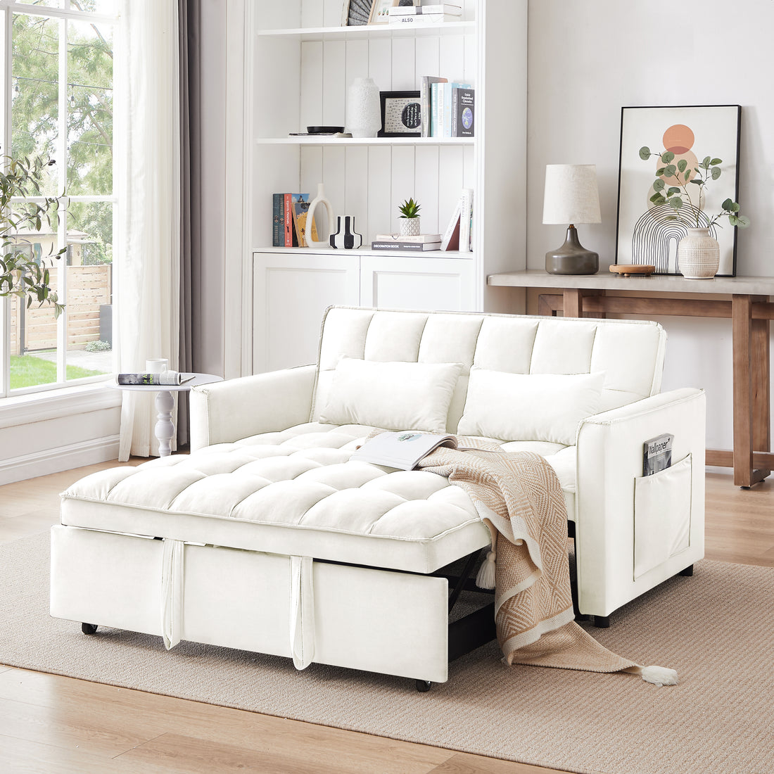 55.1 Inch 3 In 1 Convertible Sofa Bed, Modern Velvet Double Sofa Futon Sofa Bed With Adjustable Back, Storage Bag And Pillow, For Living Room, Bedroom Off White Light Brown Wood Primary Living Space Medium Duty Eucalyptus 2 Seat Beige White Velvet Soft