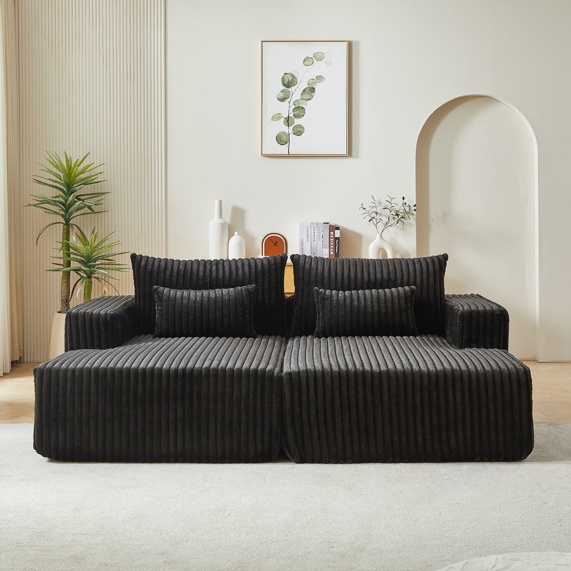 87" Oversized Sectional Lounge Chaise ,No Assembly Required,Cloud Plush Loveseat With Reclining Sofa Bed,Fluffy Modern Sleeper Chair For Indoor Living Room Bedroom Black Corduroy 2 Seat