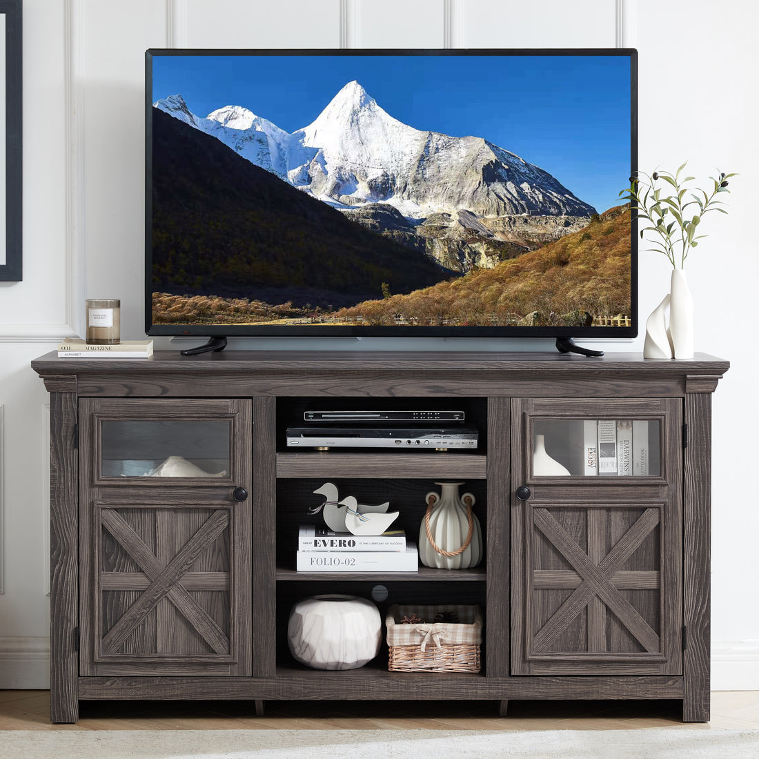 2 Doors Cabinet Farmhouse Cabinet, Farmhouse Tv Stand Barn Design,Modern Farmhouse Tv Media Stand, Large Barn Inspired Home Entertainment Console,Grey, 60.23"W*15.35"D*31.7"H Grey 60 69 Inches Mdf