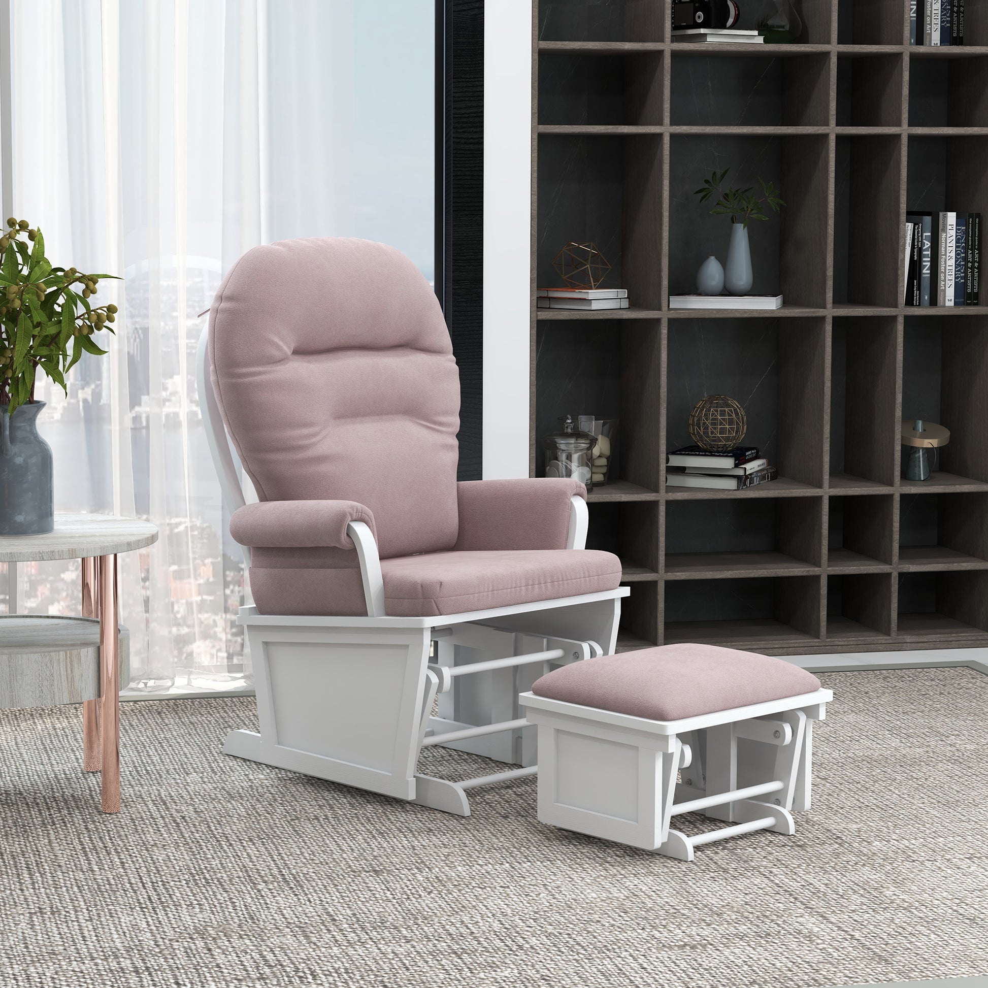 Homcom Nursery Glider Rocking Chair With Ottoman, Thick Padded Cushion Seating And Wood Base, Pink Pink Polyester