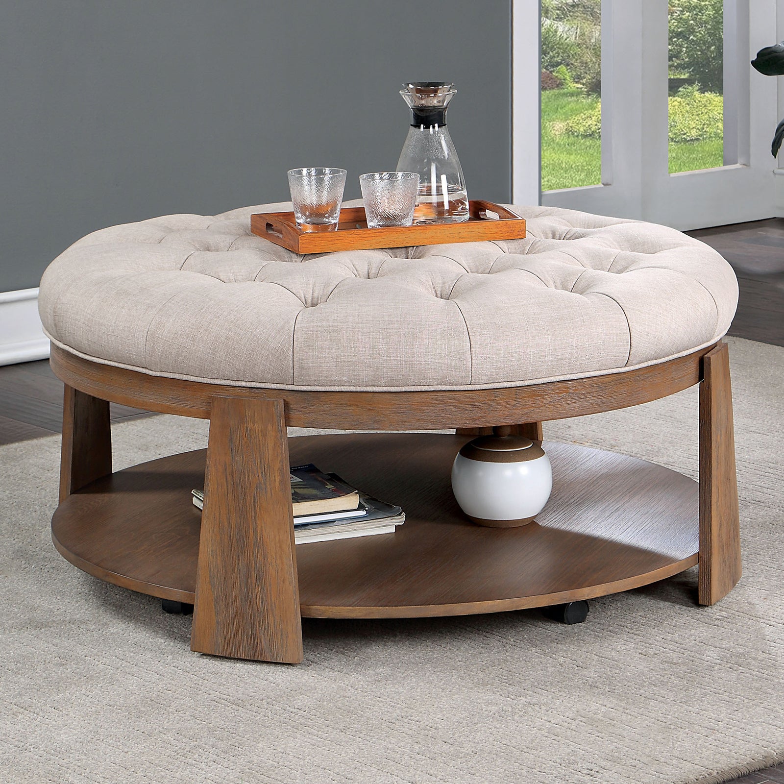 Wire Brushed Finish Natural Tone Beige 1Pc Ottoman Transitional Style Deep Button Linen Like Tufted Seat Open Bottom Shelf Living Room Beige Natural Linen Primary Living Space Beige Contemporary,Rustic,Transitional Rubberwood Round Tufted Solid Wood