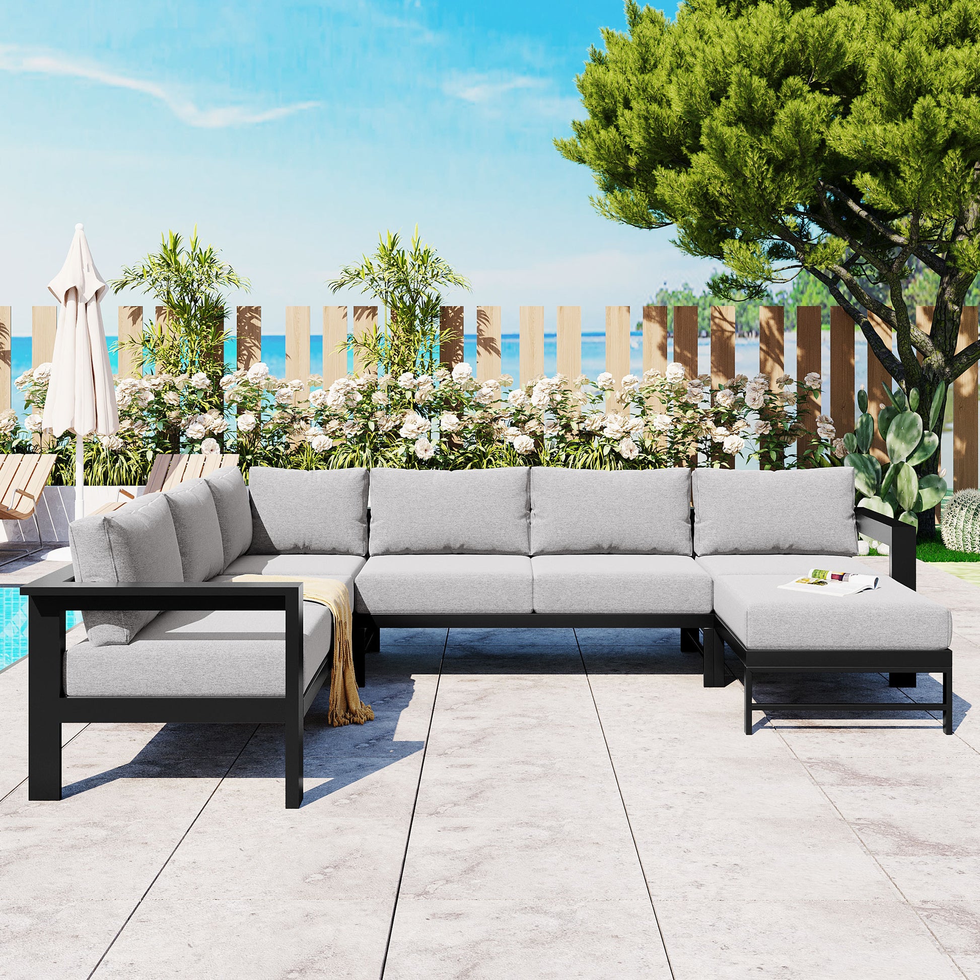 U Shaped Multi Person Outdoor Sofa Set, Suitable For Gardens, Backyards, And Balconies. Grey Seats 6 Aluminum