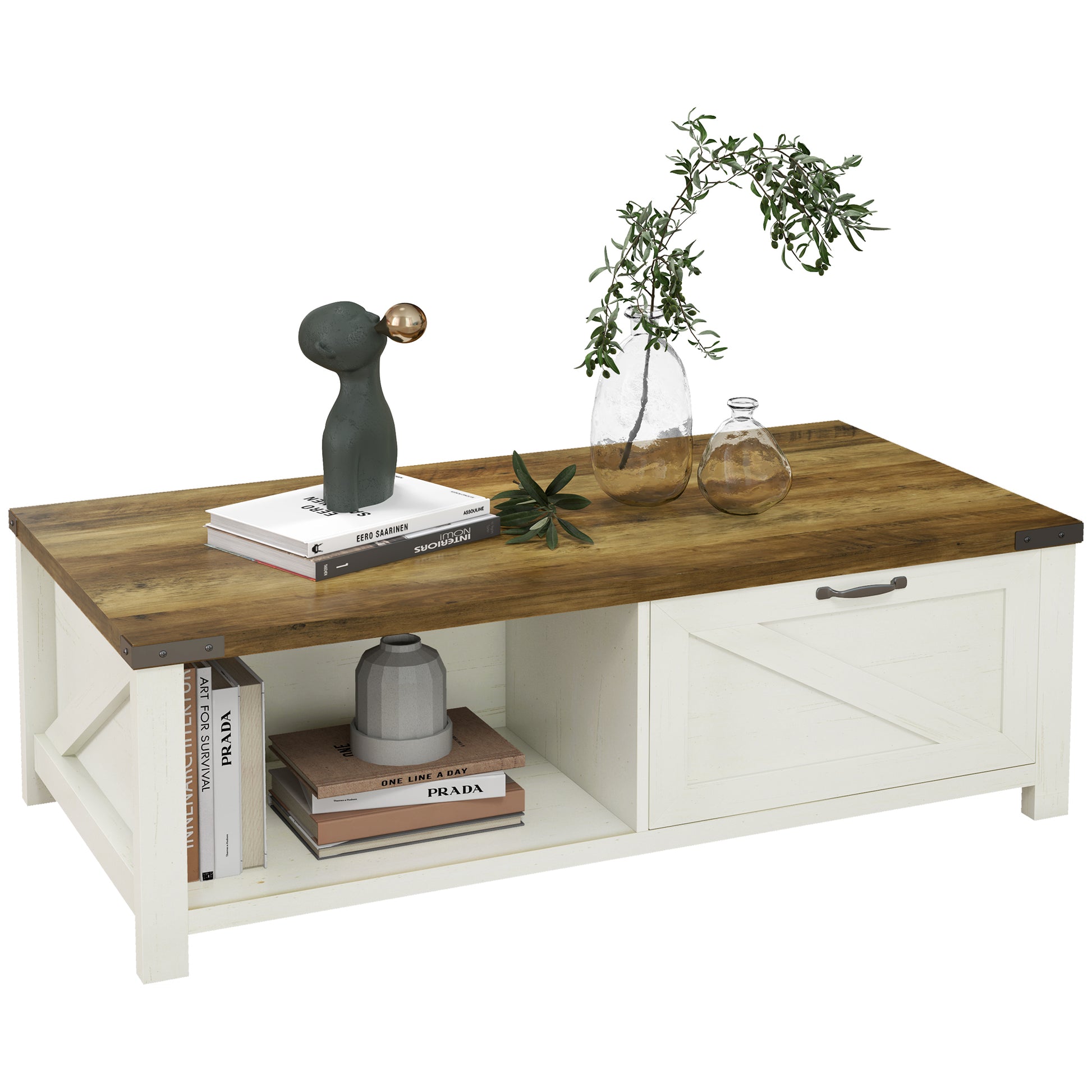Homcom Farmhouse Coffee Table With Storage And Drawer, Rustic Coffee Table For Living Room, Open Shelf, White White Deep Walnut Particle Board