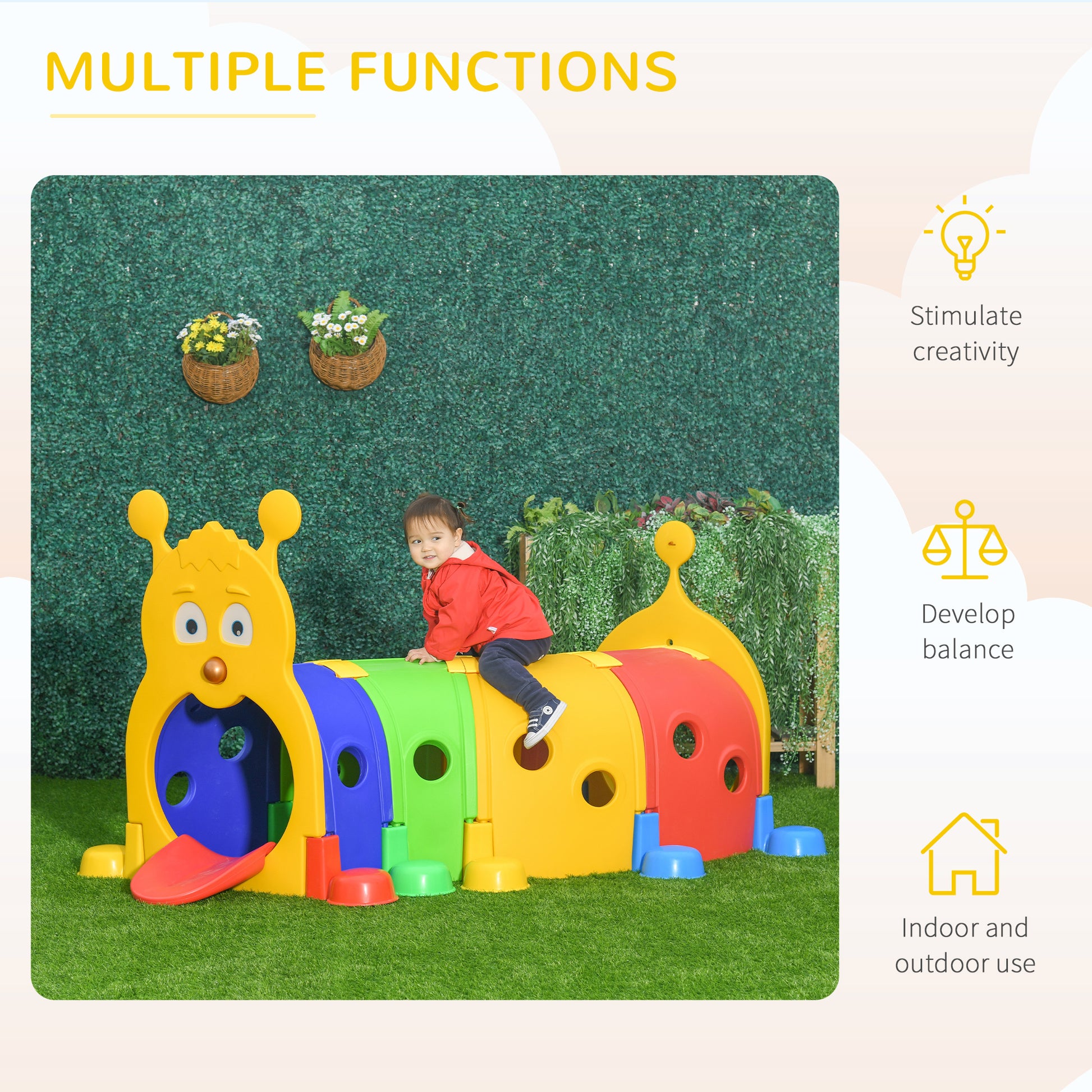 Qaba Caterpillar Tunnel For Kids, Outdoor Indoor Climb And Crawl Through, Play Equipment For Toddler 3 6, 4 Sections, For Daycare, Preschool, Playground, Multicolor Colorful Plastic