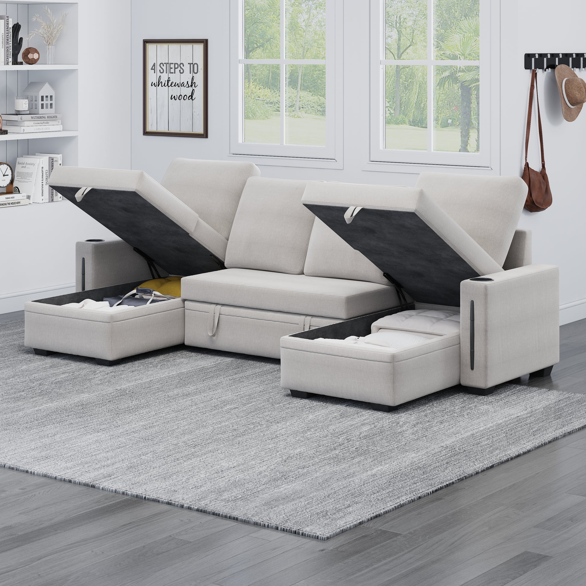 Sectional Sofa With Storage, 96" U Shaped Sectional Couches For Living Room, Comfy Convertible Sectional Sofa Beige Beige Linen Wood Primary Living Space Cushion Back Soft Modern Eucalyptus Square Arms Foam Linen 4 Seat