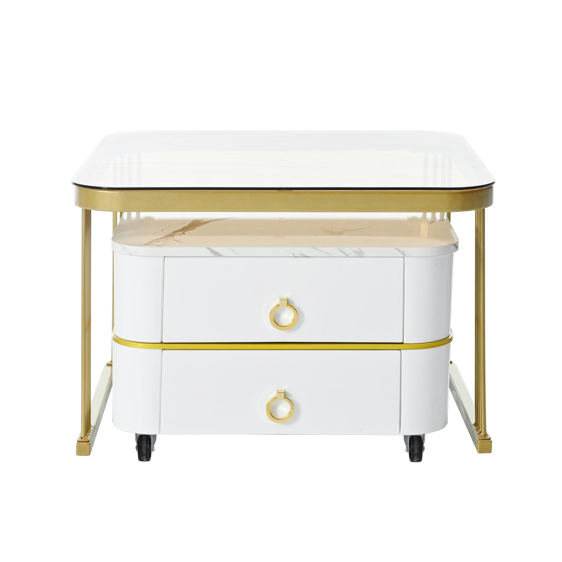2 In 1 Square Nesting Coffee Table With Wheels & Drawers, Stackable Side Table With High Gloss Marble Grain Top, End Table Set With Brown Tempered Glass For Living Room, White White Gold Primary Living Space Drawers Square Mdf Steel