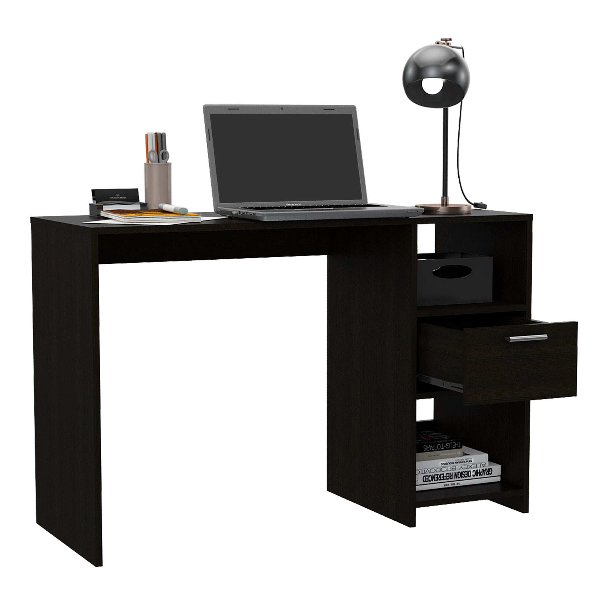 Arlington Computer Desk With 2 Open Storage Shelves And Drawer With Handle Black Computer Desk Office Contemporary Rectangular Drawers Computer Tables Rectangular Melamine Engineered Wood