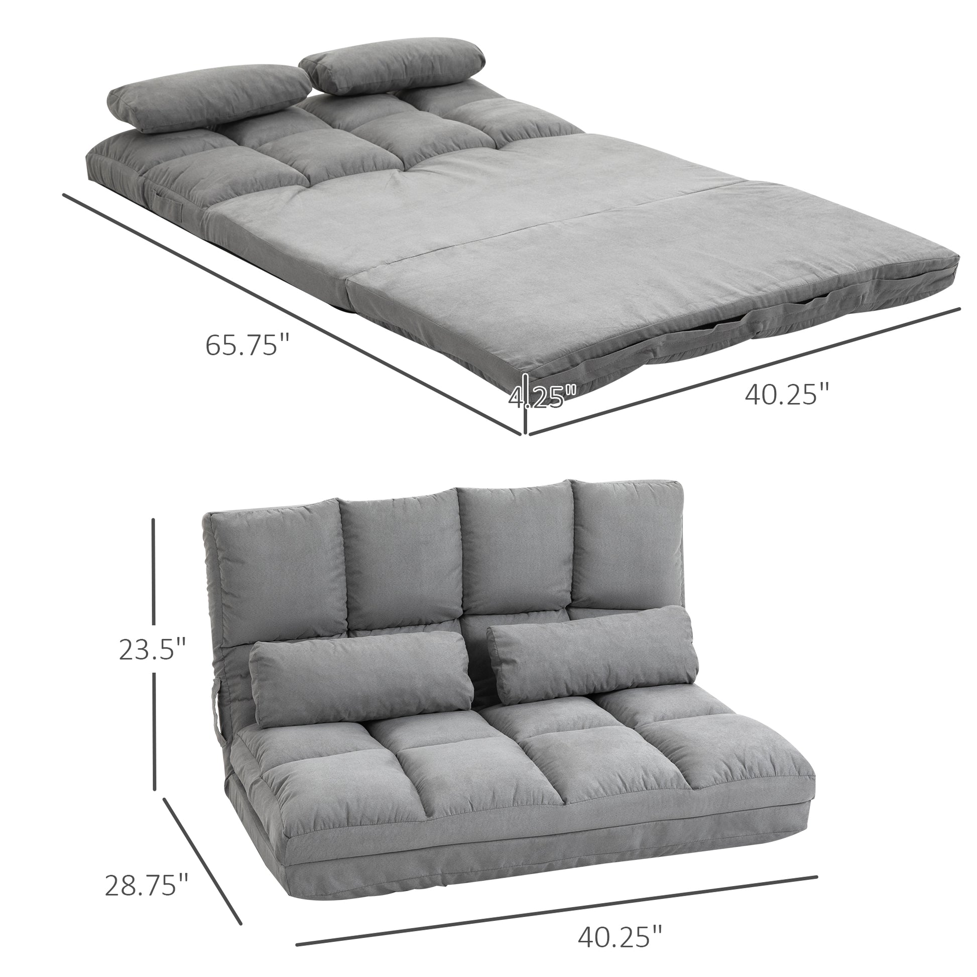 Homcom Convertible Floor Sofa Chair, Folding Couch Bed, Guest Chaise Lounge With 2 Pillows, Adjustable Backrest And Headrest, 40.25" L, Light Gray Light Gray Polyester