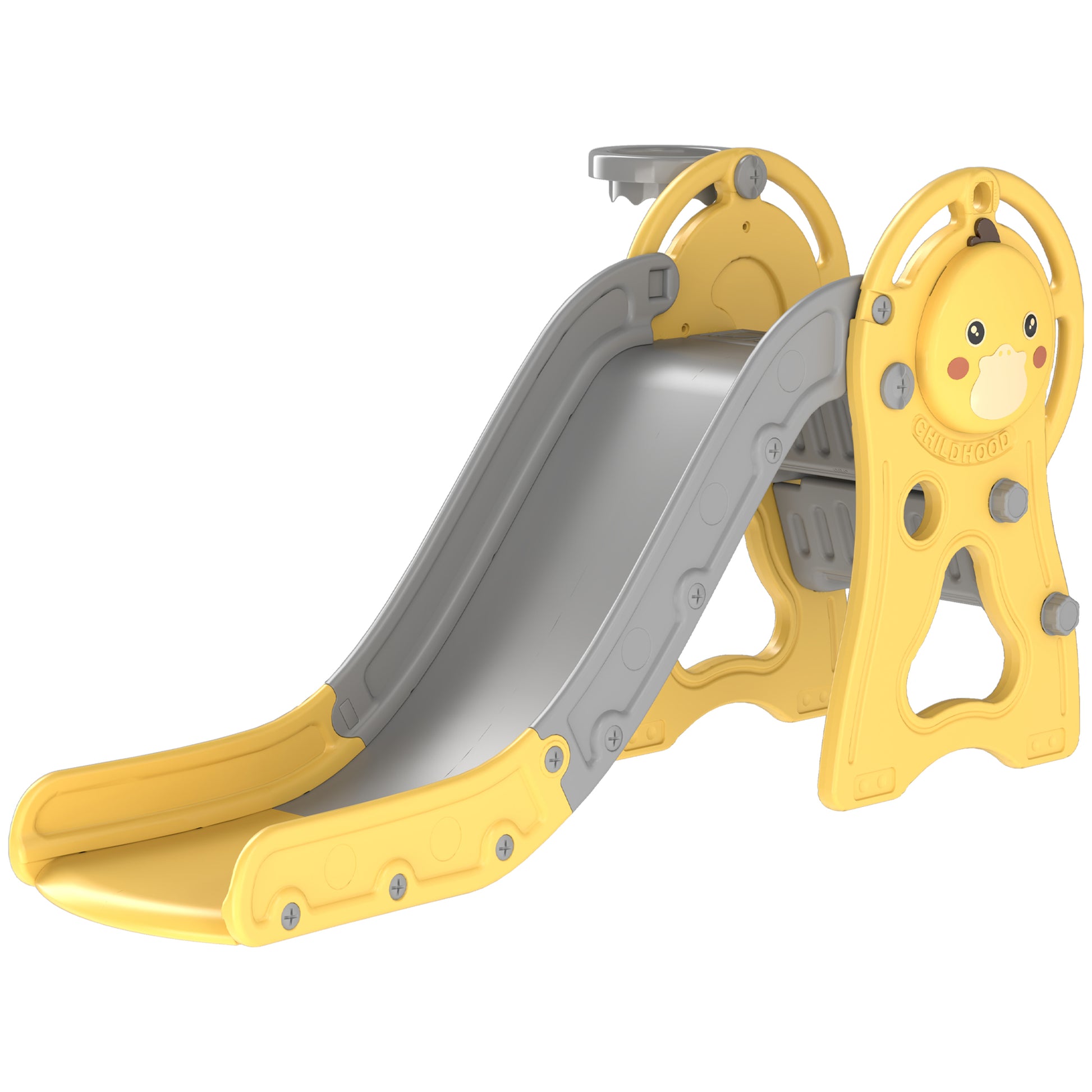 Qaba Toddler Slide, 3 In 1 Slide For Kids Ages 1 3 Years, Indoor Slide With Basketball Hoop, Climber, Duck Pattern, Yellow Yellow Hdpe