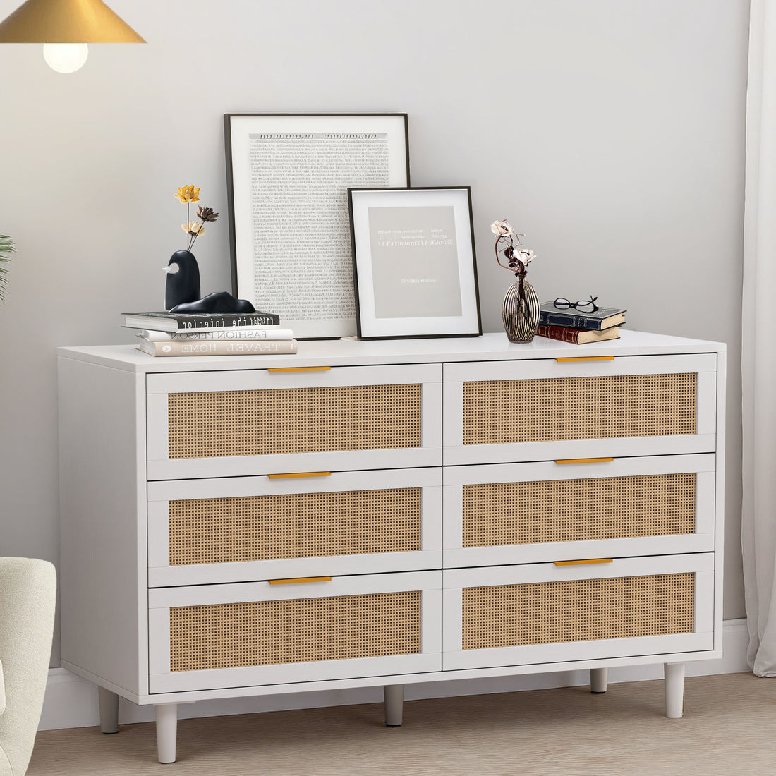 51.18"6 Drawers Rattan Storage Cabinet Rattan Drawer,For Bedroom,Living Room,White Same Sku:W757P174986 White Mdf