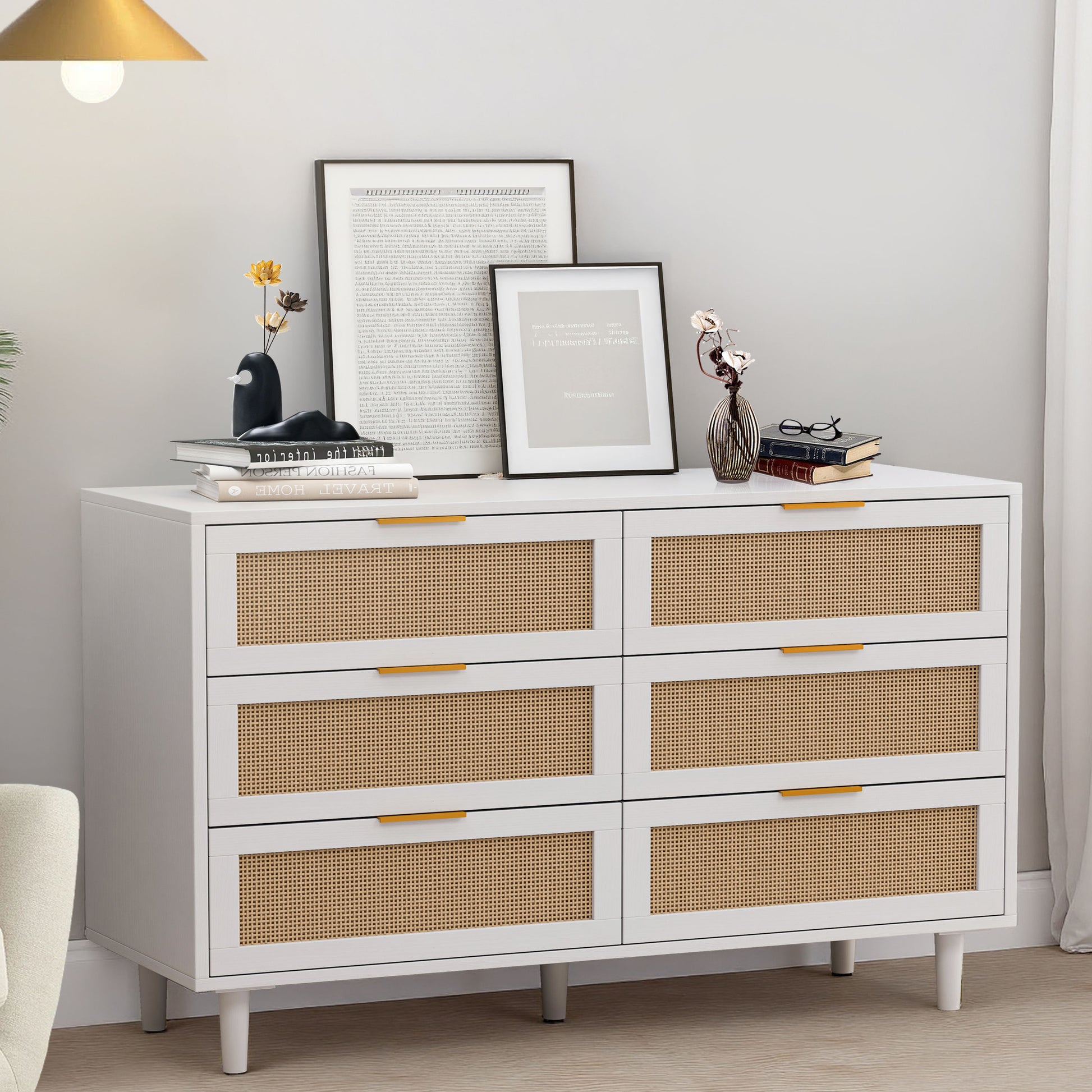 51.18"6 Drawers Rattan Storage Cabinet Rattan Drawer,For Bedroom,Living Room,White Same Sku:W757P174986 White Mdf