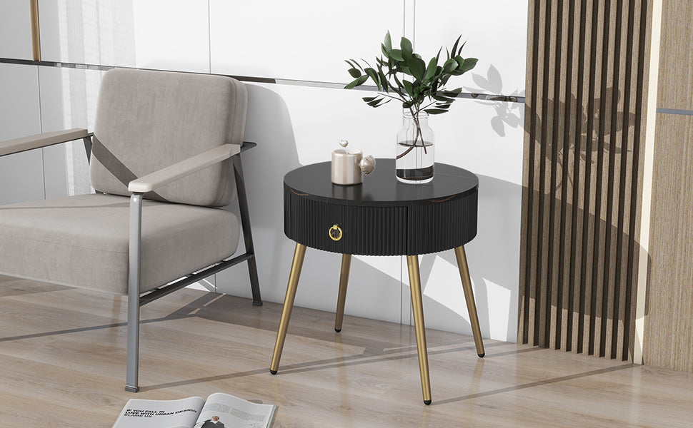 19.6'' Easy Assembly End Tables With High Gloss Faux Marble Tabletops, Set Of 2, Modern Fluted 2 Side Tables With Drawers, Round Coffee Tables With Golden Legs For Living Room, Black Black Gold Primary Living Space Drawers Round Mdf Iron
