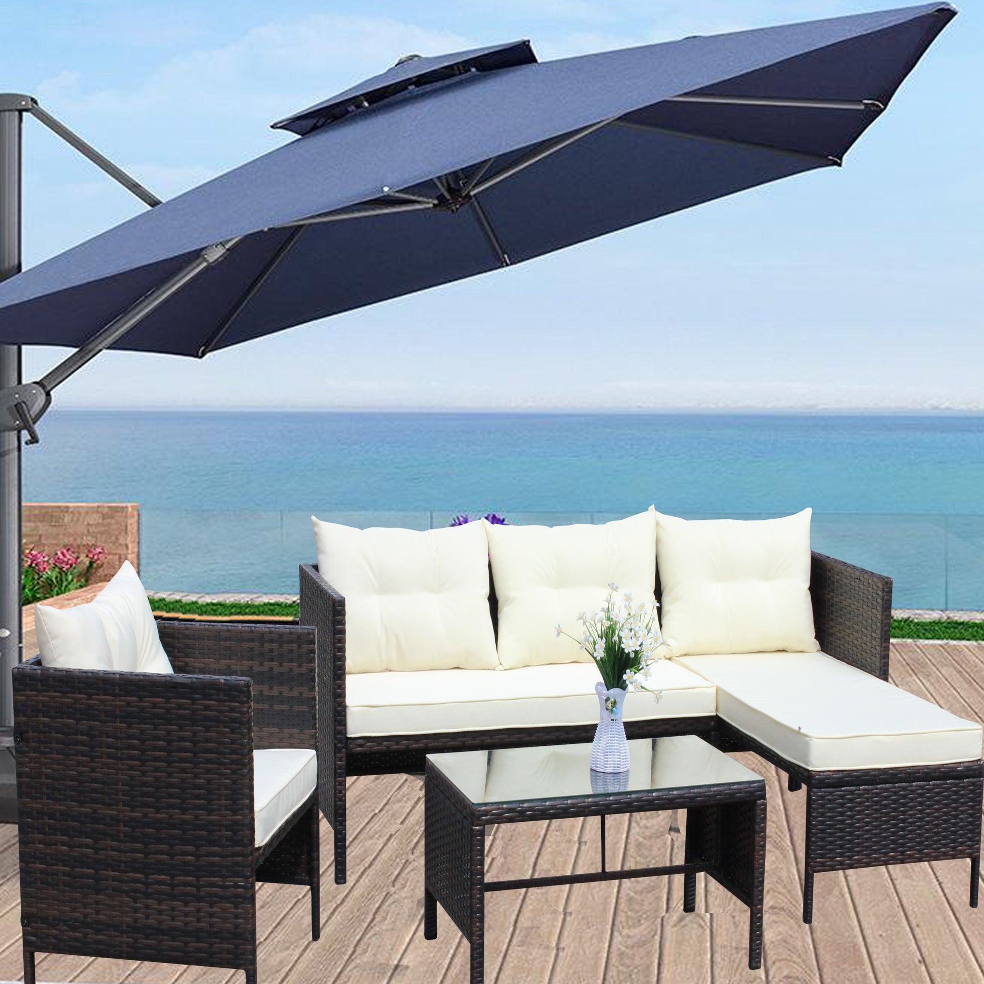 Outdoor Patio Furniture Sets 4 Piece Conversation Set Wicker Ratten Sectional Sofa With Seat Cushions Beige Cushion Brown Pe Rattan Iron