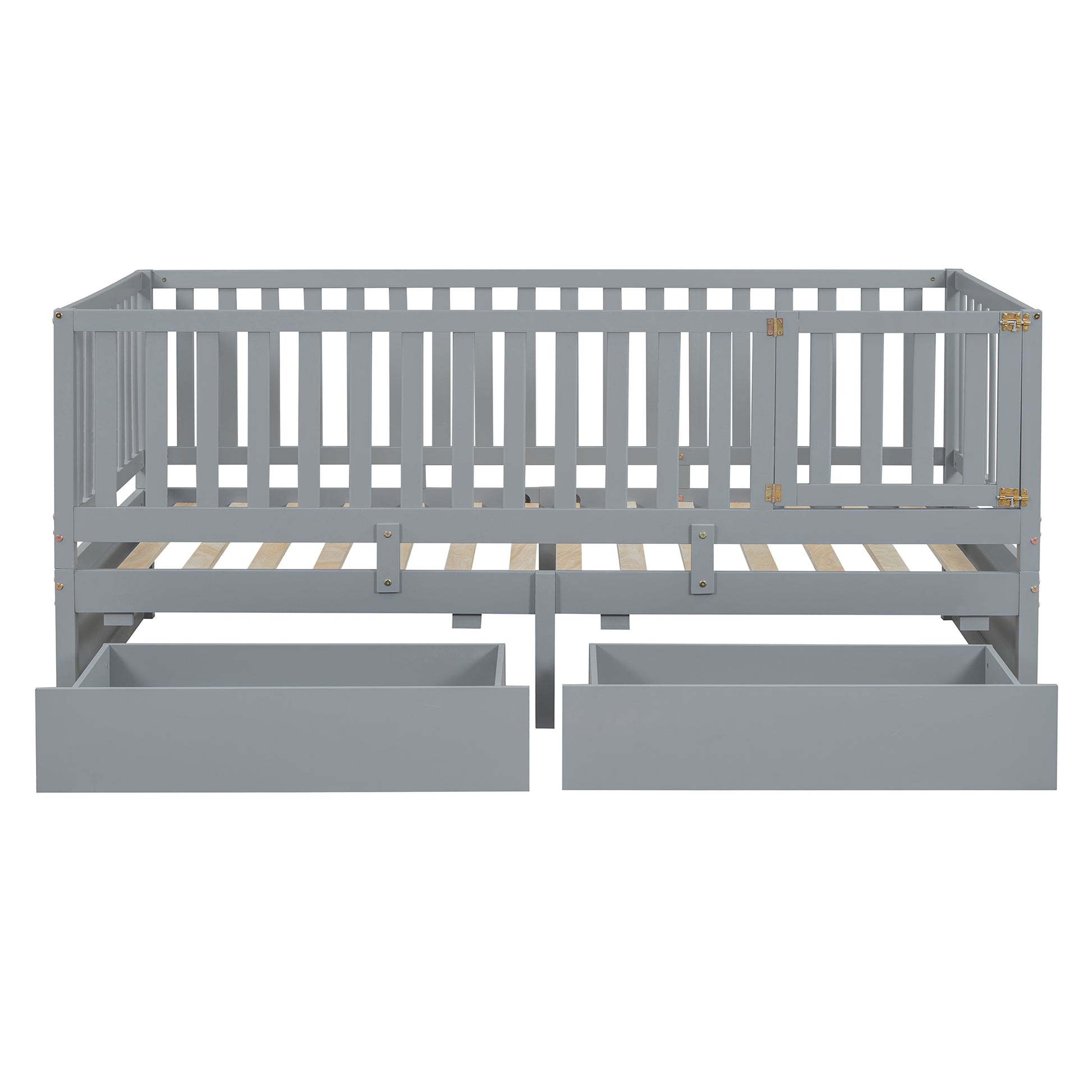 Twin Size Wood Daybed With Fence Guardrails And 2 Drawers, Split Into Independent Floor Bed & Daybed, Gray Old Sku :Lp000881Aae Twin Gray Solid Wood Mdf