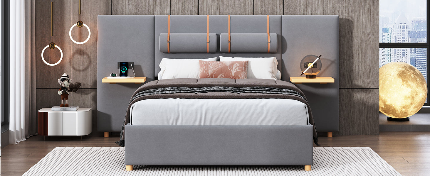 Full Size Upholstered Platform Bed With Two Outlets And Usb Charging Ports On Both Sides, Two Bedside Pillows, Storage Shelf, Velvet,Gray Full Gray Mdf Lvl