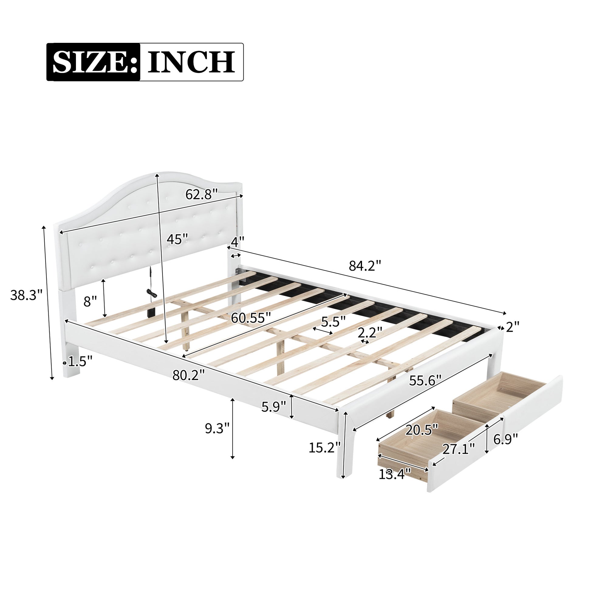 Queen Size Upholstered Platform Bed With Tufted Headboard, Led And 2 Drawers, White Box Spring Not Required Queen White Wood Bathroom Bed Frame Faux Leather Upholstered