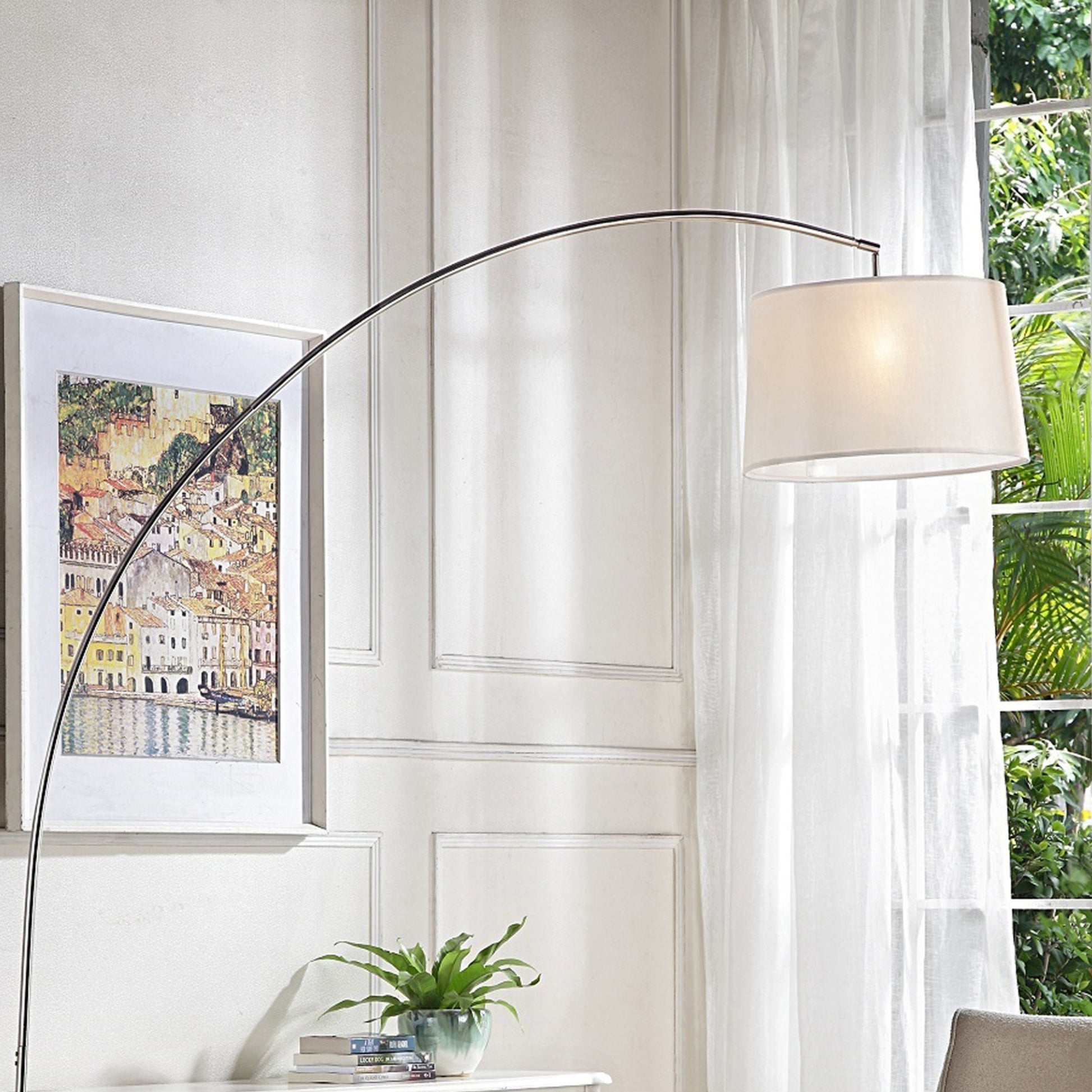 84.5" Tall Metal Arch Floor Lamp "Oma" With Silver Finish, White Fabric Shade Silver Metal