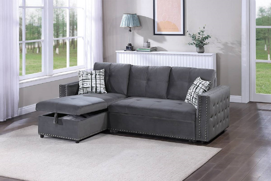 Gray Velvet Convertible Sectional Sofa Pull Out Bed Couch Storage Chaise Tufted Reversible 2Pc Sectional Living Room Gray Primary Living Space Tufted Back Contemporary,Modern L Shaped Square Arms Velvet 4 Seat