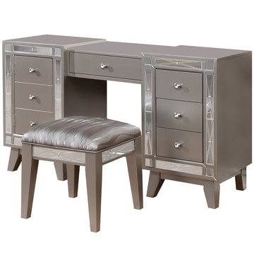 Wooden Set Of Vanity And Stool With Mirrored Accents, Mercury Silver Silver Wood