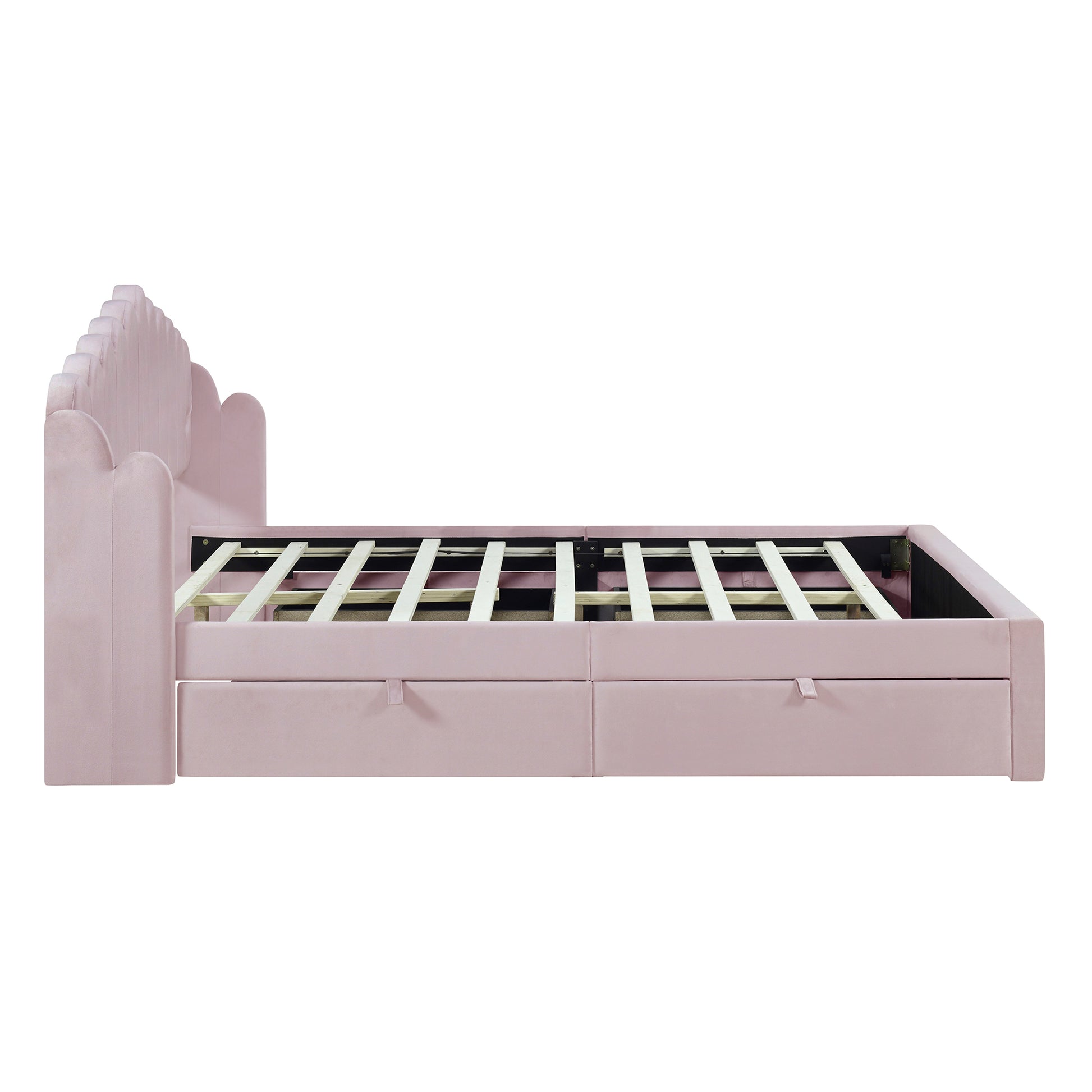 Queen Size Upholstered Platform Bed With 4 Drawers And 2 Usb, Pink Box Spring Not Required Queen Pink Wood Bedroom Bed Frame Polyester Upholstered