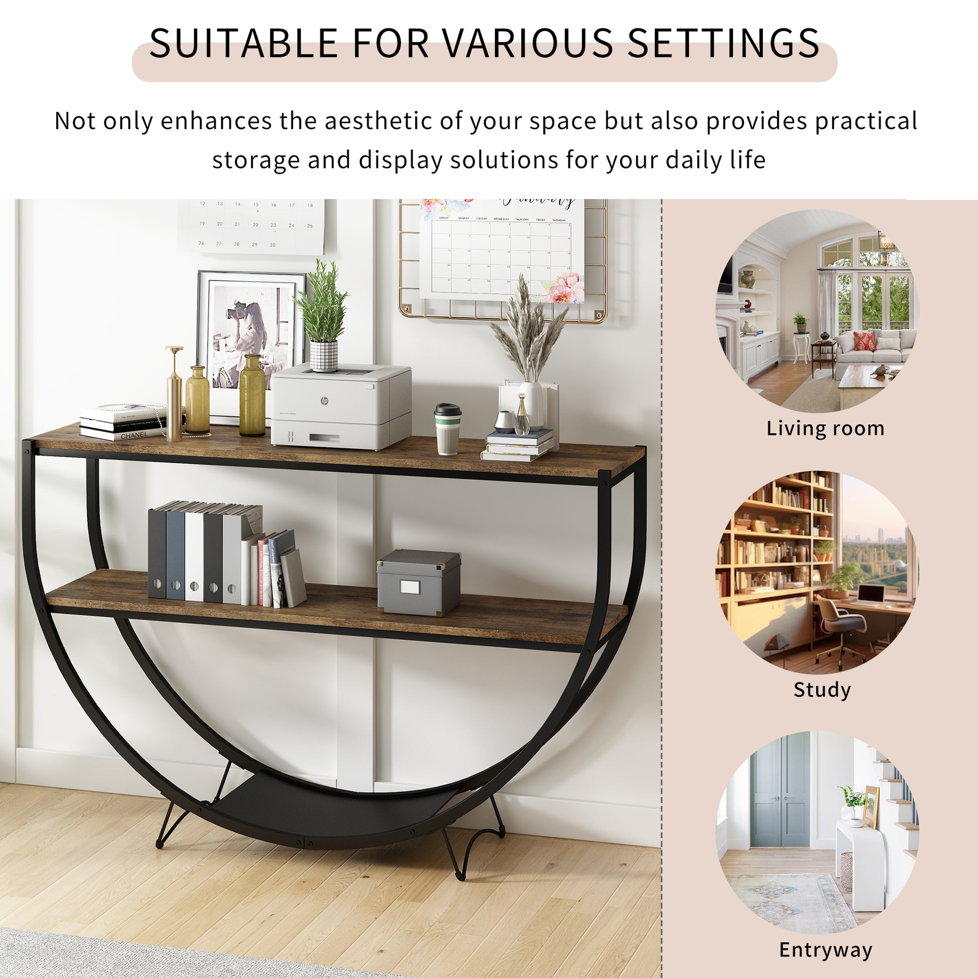 Rustic Industrial Design Demilune Shape Textured Metal Distressed Wood Console Table Distressed Brown Distressed Brown Mdf