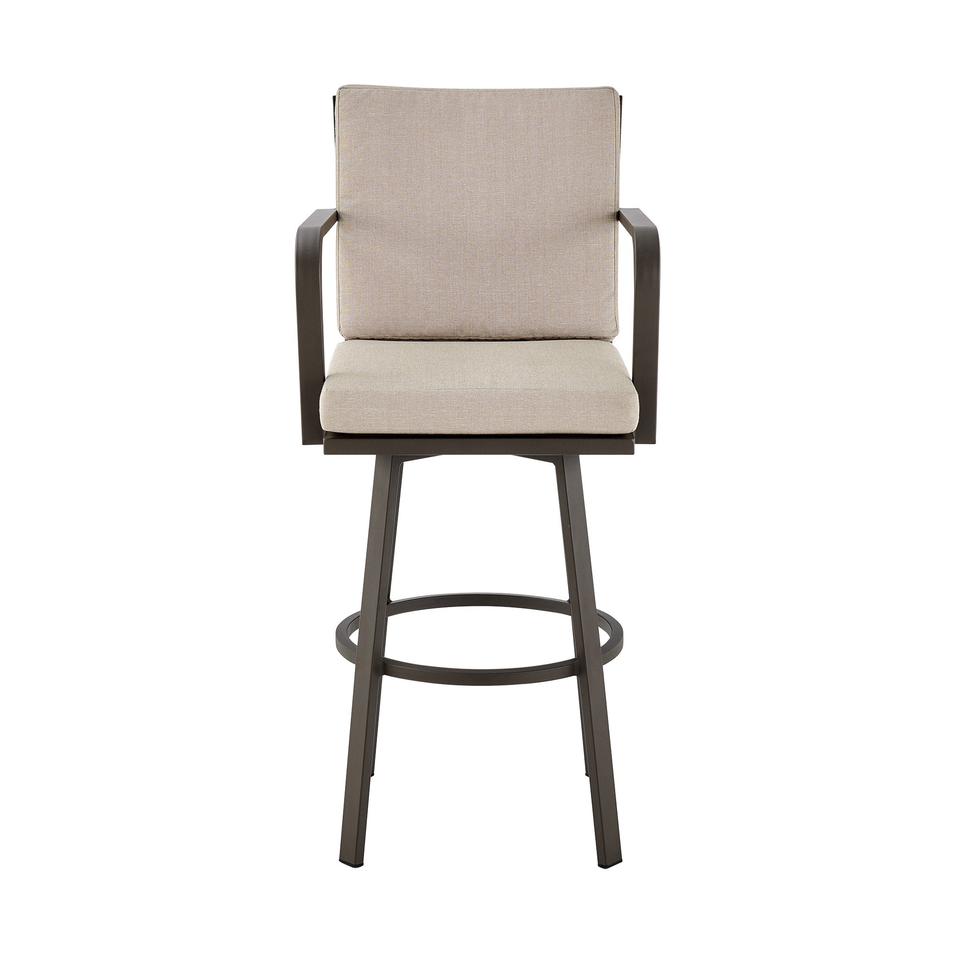 Faye 30 Inch Modern Patio Barstool, Brown Aluminum Frame, Beige Cushions Brown Aluminium