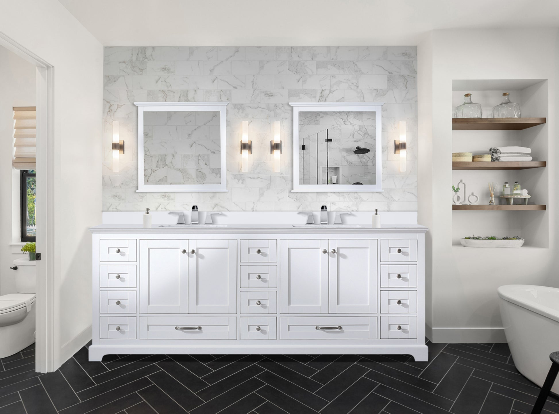 White Double Bath Vanity 84 In. W X 22 In. D, White Quartz Top, And Faucet Set White Plywood Wood