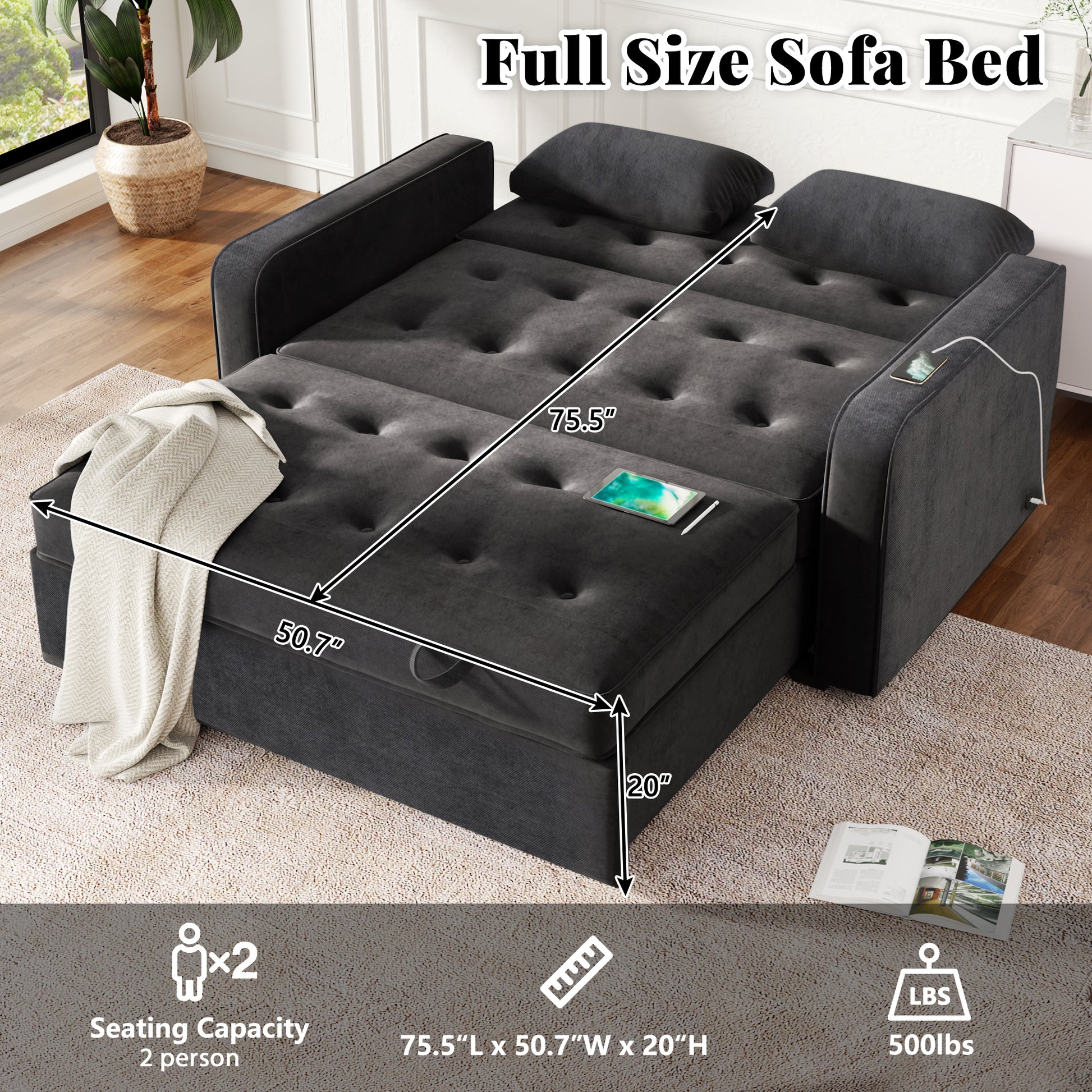 66.5" Upholstered Sleeper Bedpull Out Sofa Bed Couch Attached Two Throw Pillows,Dual Usb Charging Port And Adjustable Backrest For Living Room Space, Black Black Foam Polyester 2 Seat