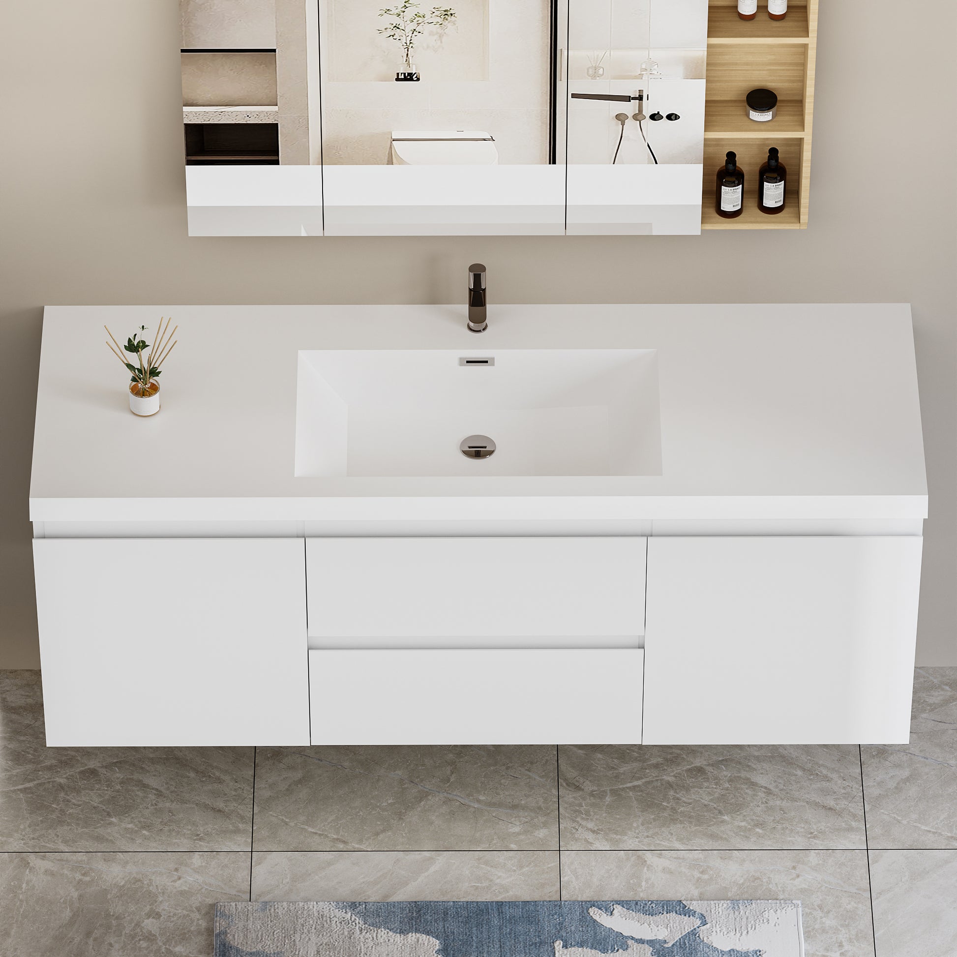 60" Floating Bathroom Vanity With Sink, Modern Wall Mounted Bathroom Storage Vanity Cabinet With Resin Top Basin And Soft Close Drawers, Glossy White 24V11 60Sgw 2 White 2 Bathroom Wall Mounted Mdf