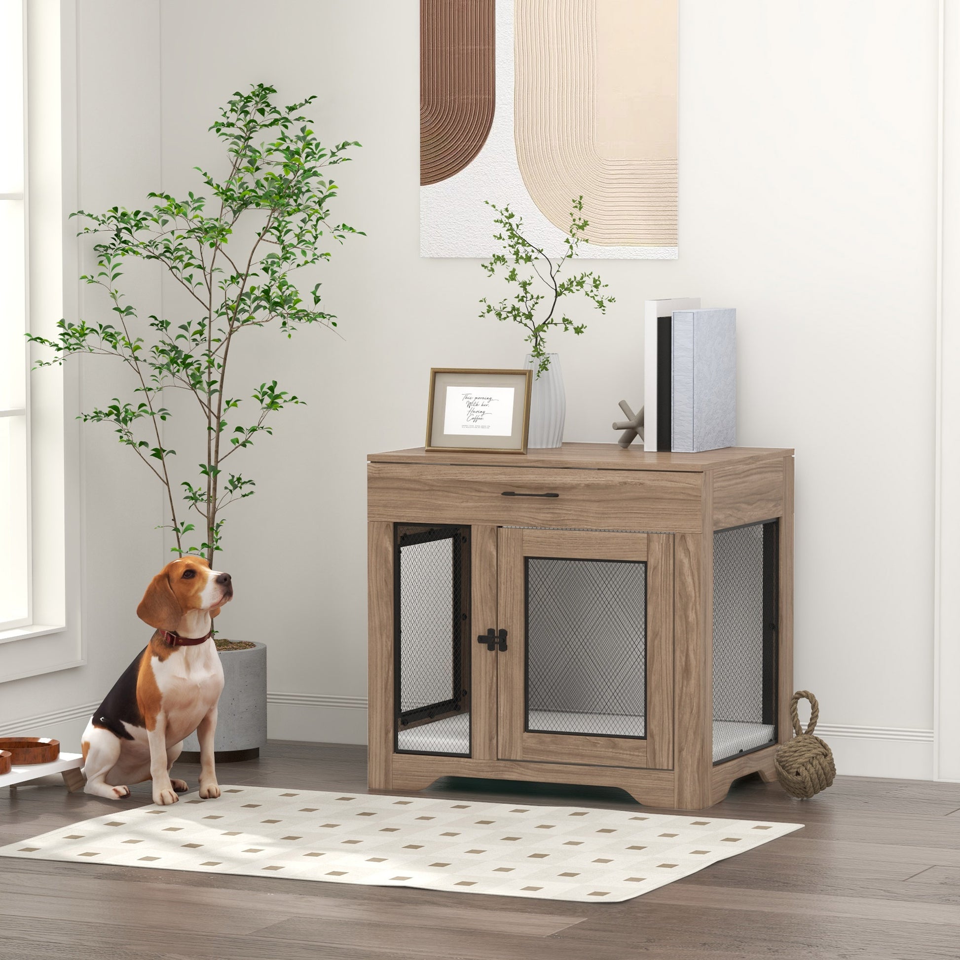 Pawhut Dog Crate Furniture With Soft Water Resistant Cushion, Dog Crate End Table With Drawer, Puppy Crate For Small Dogs Indoor With 2 Doors, Brown Brown Steel