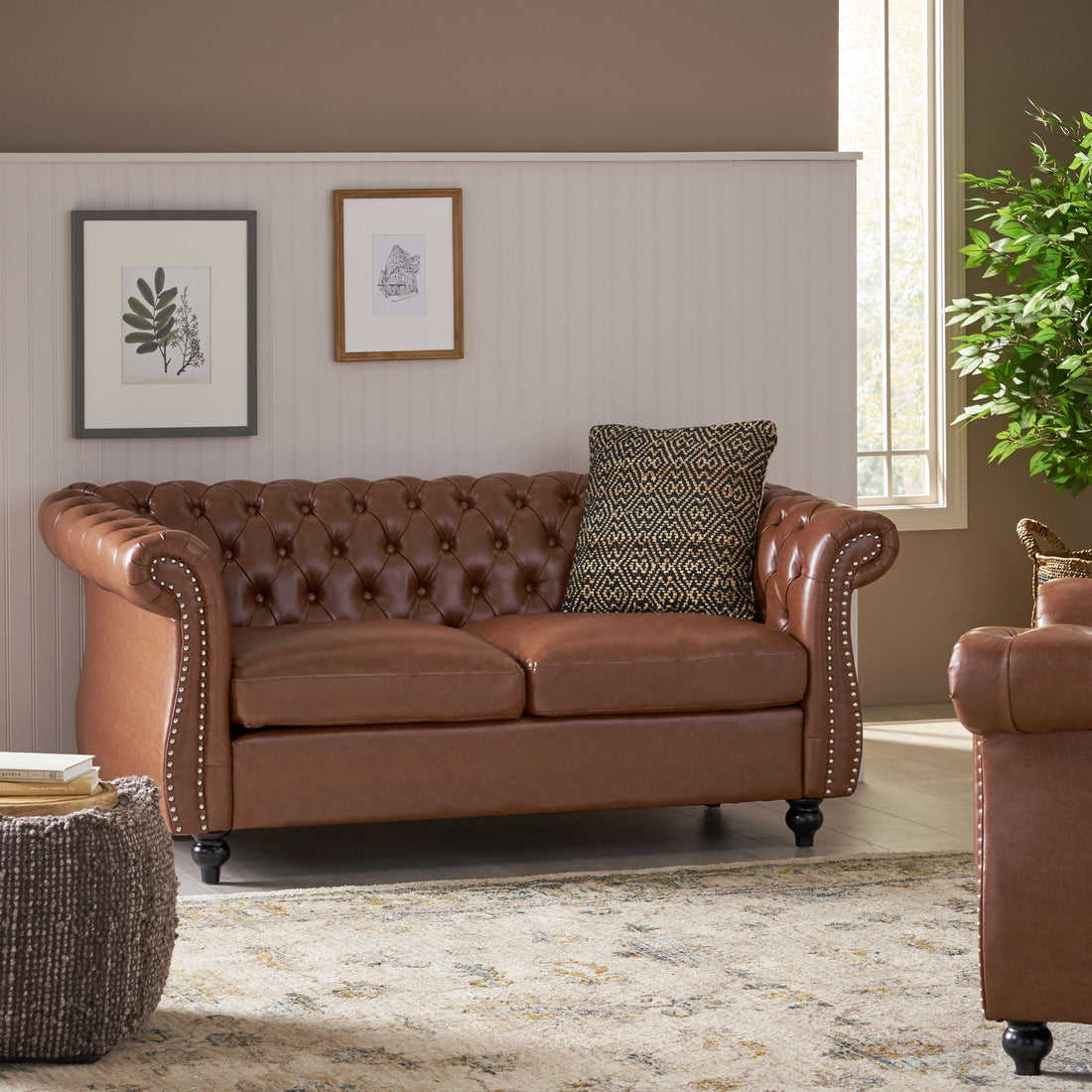 Seat Sofa Light Brown Brown Wood Primary Living Space Tufted Back American Traditional Rolled Arms Foam Pu