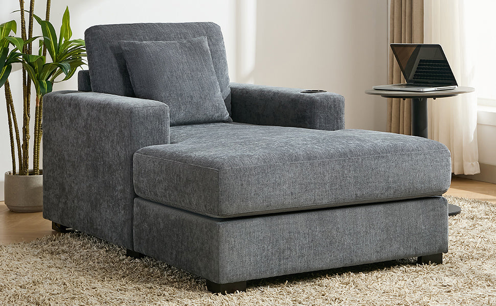 39.7" Oversized Chaise Lounger Modern Style Sofa Couch ,With Pillows, Charge Station & Cup Holders, Chenille Fabric, Blue Gray Blue Gray Chenille