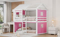 Full Size Bunk Wood House Bed With Tent, Pink White Full Pink White Solid Wood Mdf