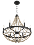 Starry Wood Chandelier Farmhouse Six Candle Light Wood Beaded Black Pendant Light For Dining Room Black,Wood Ceiling Lights Glass,Metal,Wood