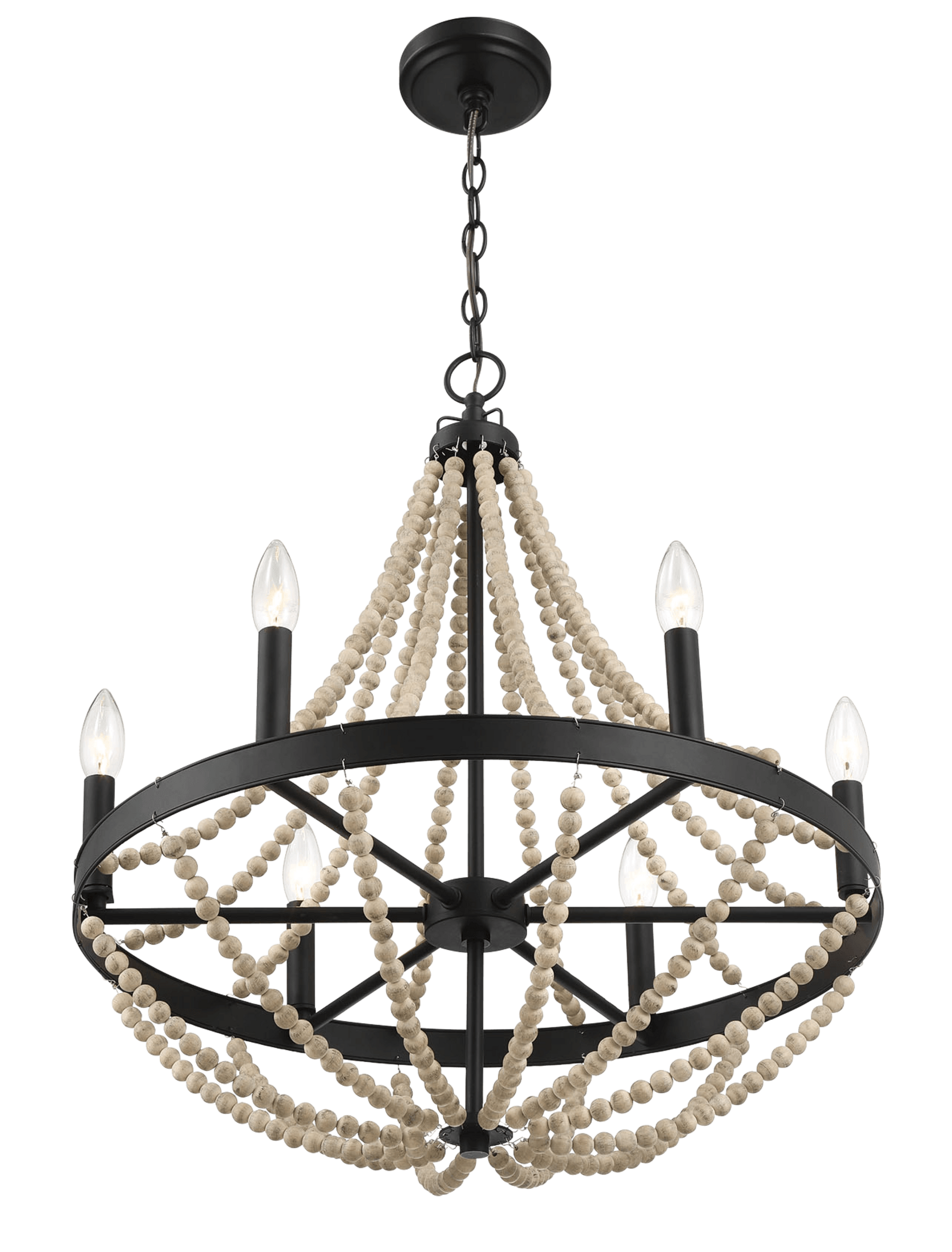 Starry Wood Chandelier Farmhouse Six Candle Light Wood Beaded Black Pendant Light For Dining Room Black,Wood Ceiling Lights Glass,Metal,Wood