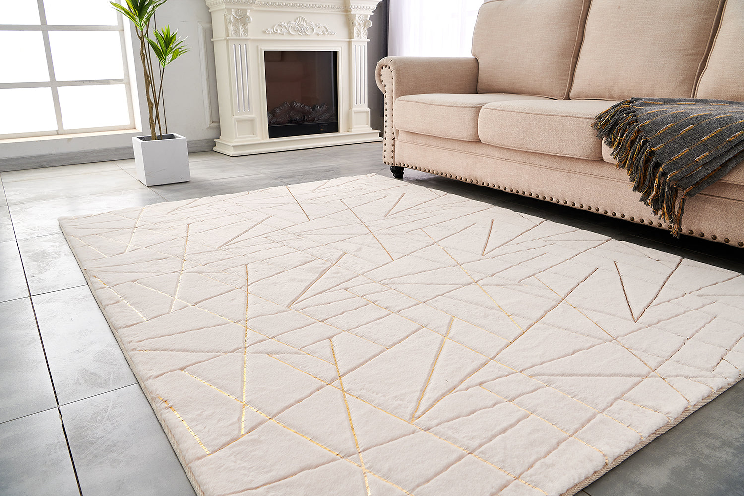 Luxury Machine Washable Beige Geometric Abstract Gold Gilded Chinchilla Faux Fur Area Rug Beige Gold Polyester