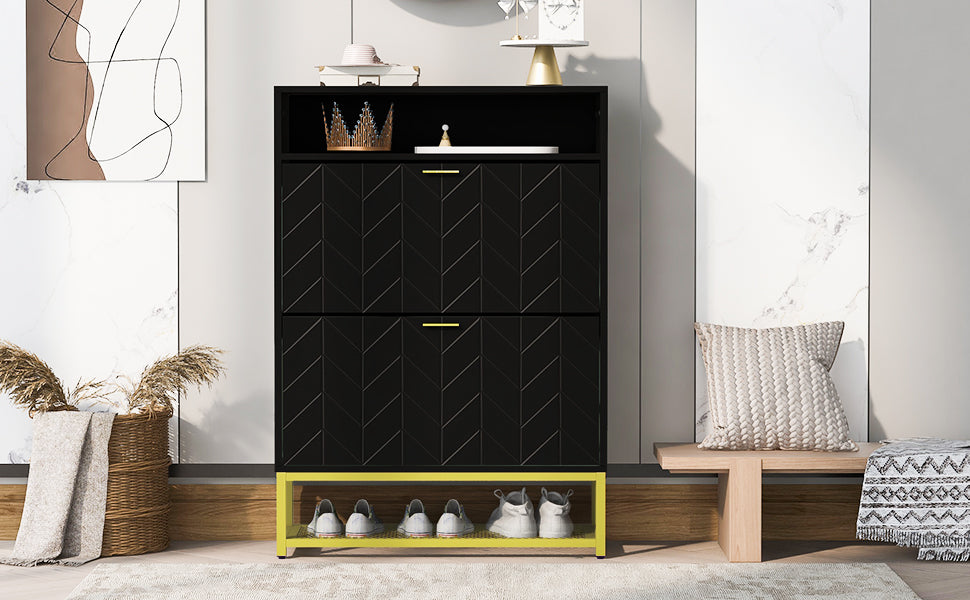 Shoe Cabinet With 2 Flip Drawers, And 2 Shelves, Modern Free Standing Shoe Rack For Heels, Boots, Slippers,Shoe Storage Cabinet For Entryway, Hallway, Living Room, Black Black Mdf