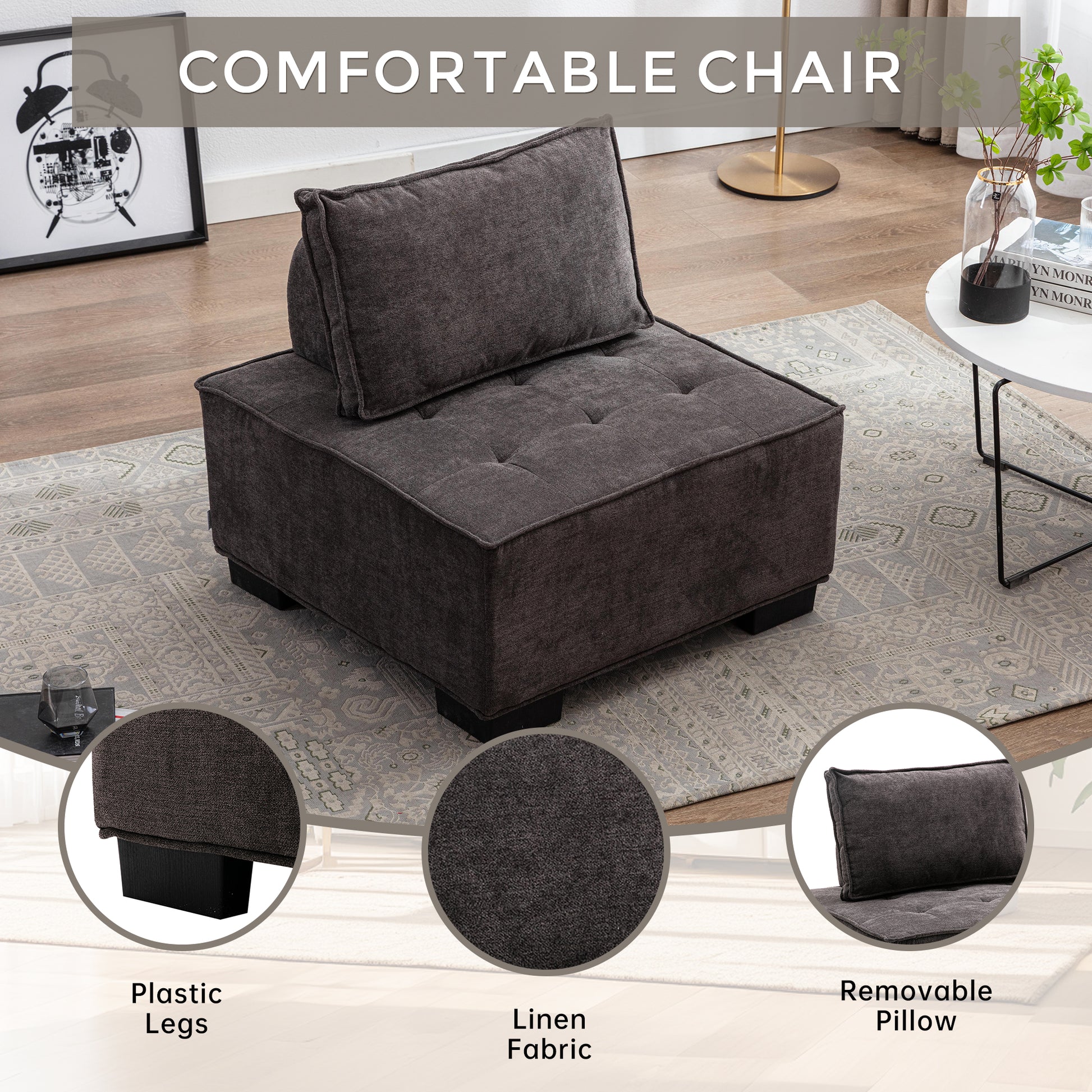 Coolmore Modern Upholstered Chair Leisure Sofa Lazy Sofa Plastic Legs And Pillow Removable Armless Accent Chair For Living Room,Bedroom,Office Grey Linen Grey Foam Linen
