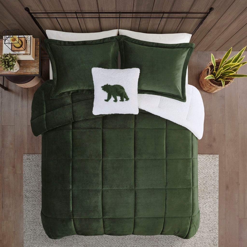 Plush To Sherpa Down Alternative Comforter Set Queen Green Ivory Polyester