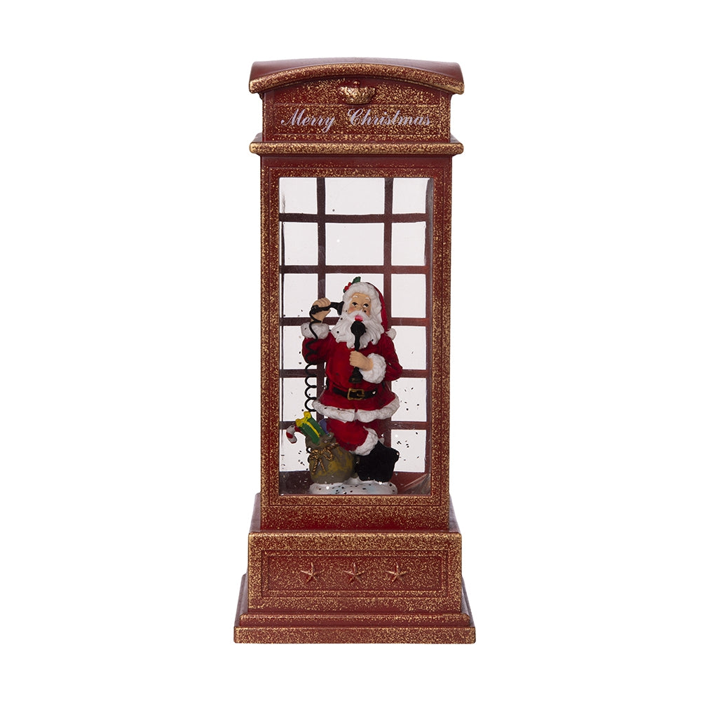 4X4X10"H Christmas Lighted Water Spinning Phone Booth With Santa On Phone, 3*Aa Batteries Required White Red Plastic