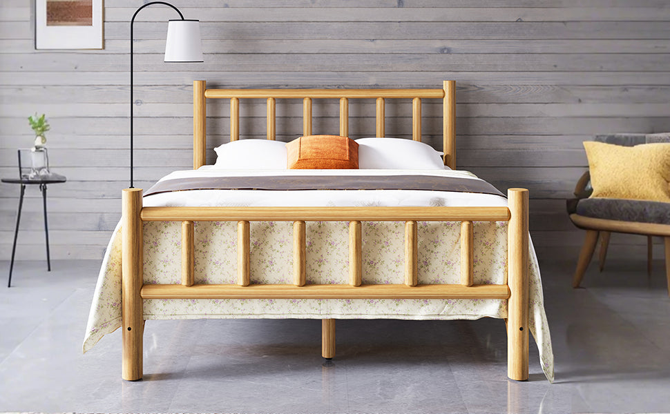 Farmhouse Log Bed Frame Queen Rustic Style Pure Solid Pine Cylinder Construction Bed Fits Mattresses And Box Springs, Natural Finish Queen Natural Pine