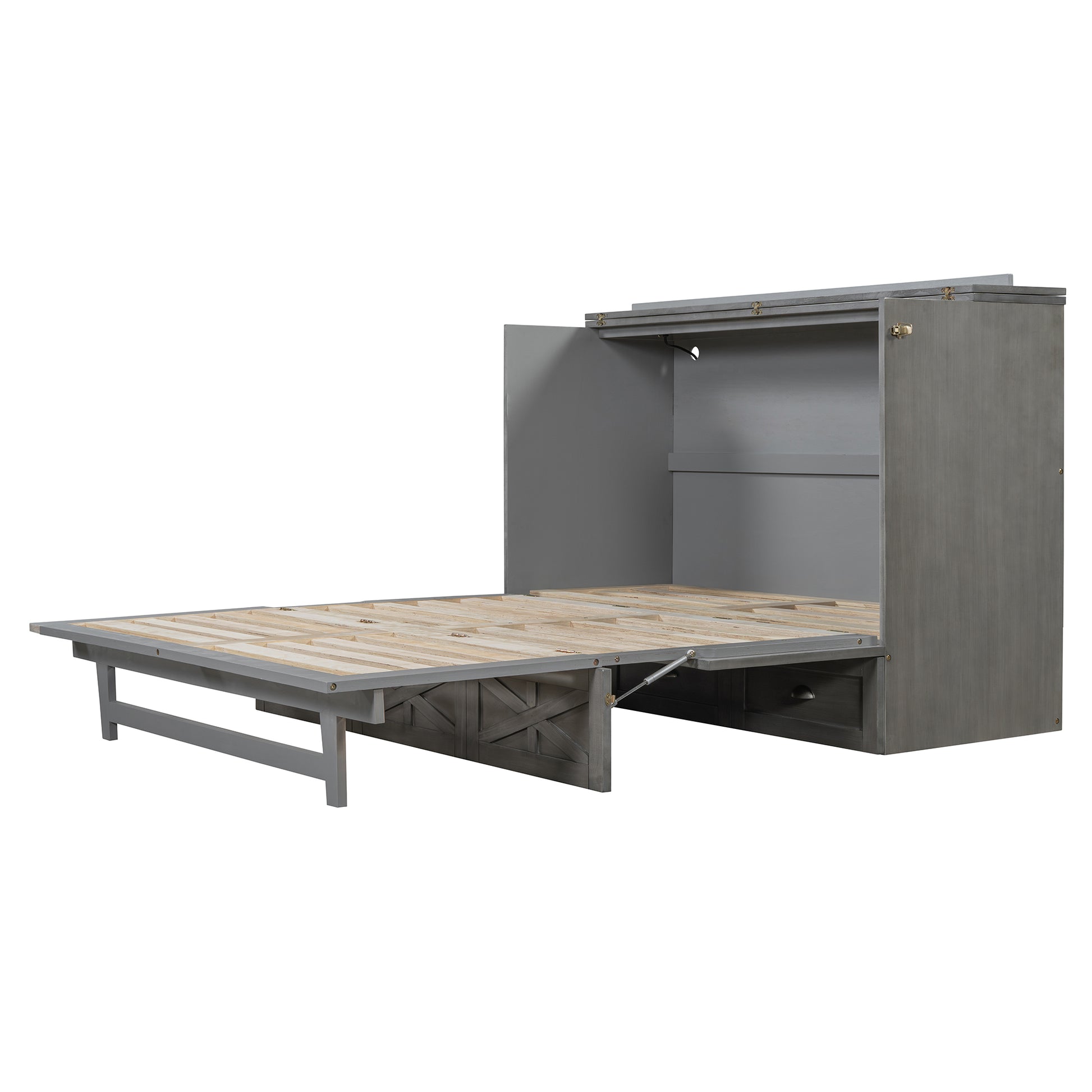 Queen Size Murphy Bed With Large Drawers,Brushed Gray Queen Gray Plywood