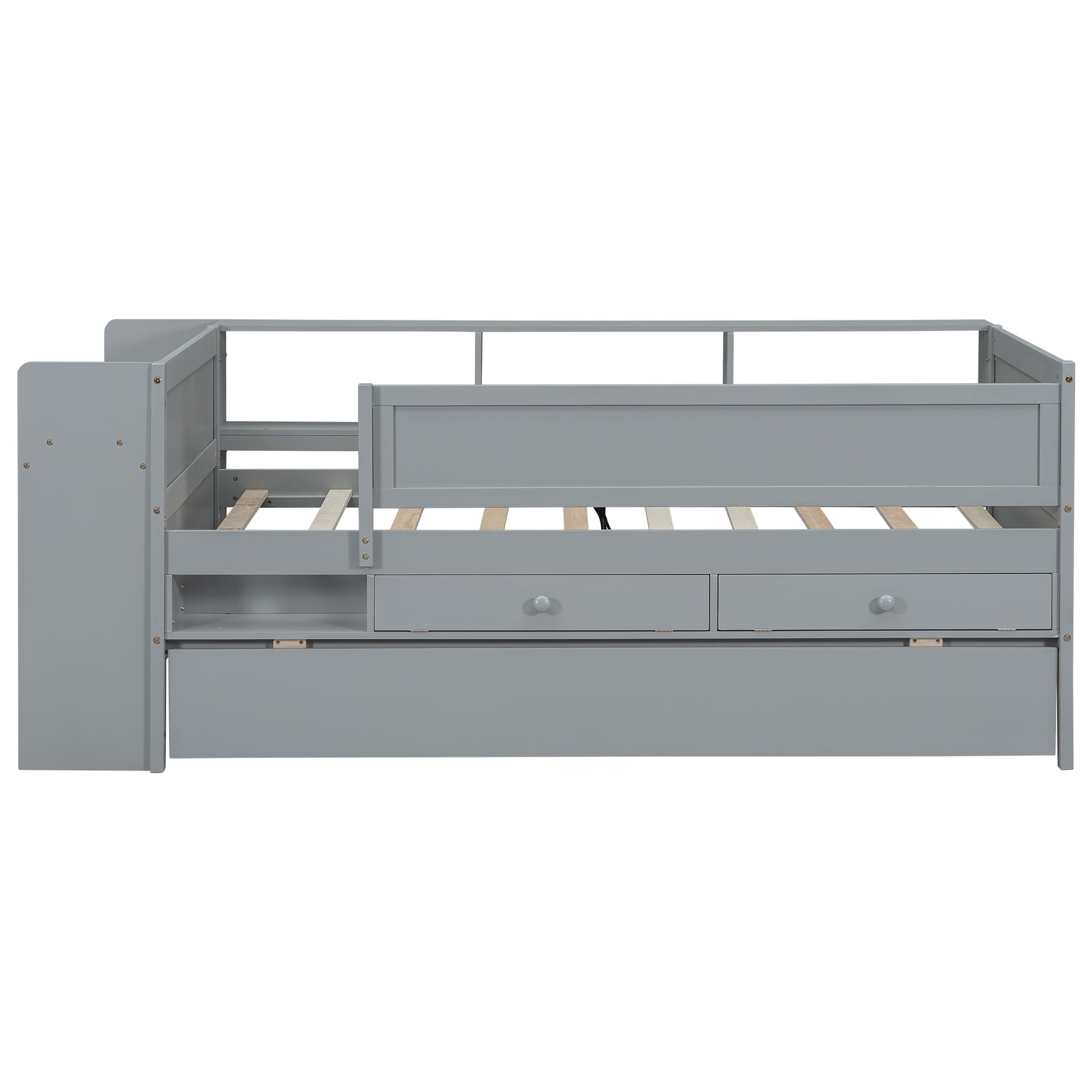 Multi Functional Twin Daybed With Drawers And Trundle, Headboard Storage And Tables, Usb Charging Station, Gray Box Spring Not Required Twin Gray Wood Daybeds Pine